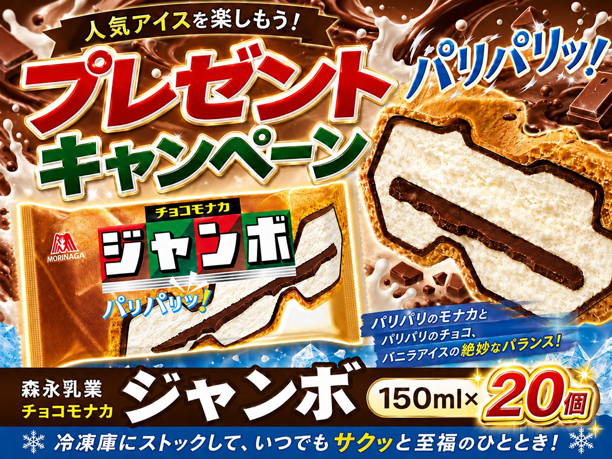 JPGREEN_JP's tweet photo. 🌟＼🍦#プレゼントキャンペーン  🍦／🌟
 ⏰本日最終日　お見逃しなく🙌

森永乳業 チョコモナカジャンボ ×2⃣0⃣個🍫🍦
🎲抽選で5名様に🎁

食感まで楽しめる、満足感たっぷりの定番アイス😋

👇応募👇
💭本アカウントを #フォロー
💭この投稿を #RT

#アイス 
#その場で当たる 
#キャンペーン実施中 https://t.co/kYCO9I0rsA