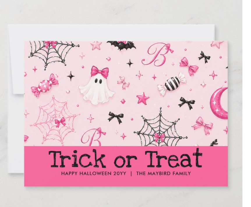 pinkdramaticmag's tweet photo. Send a little pink Halloween magic with this cute Trick or Treat card. The design features sweet ghosts with bows, spiderwebs, candy, crescent moons, sparkling stars and black and pink bow details on a soft blush background. https://t.co/6KHDIsGhon https://t.co/5fDvhpZTzT