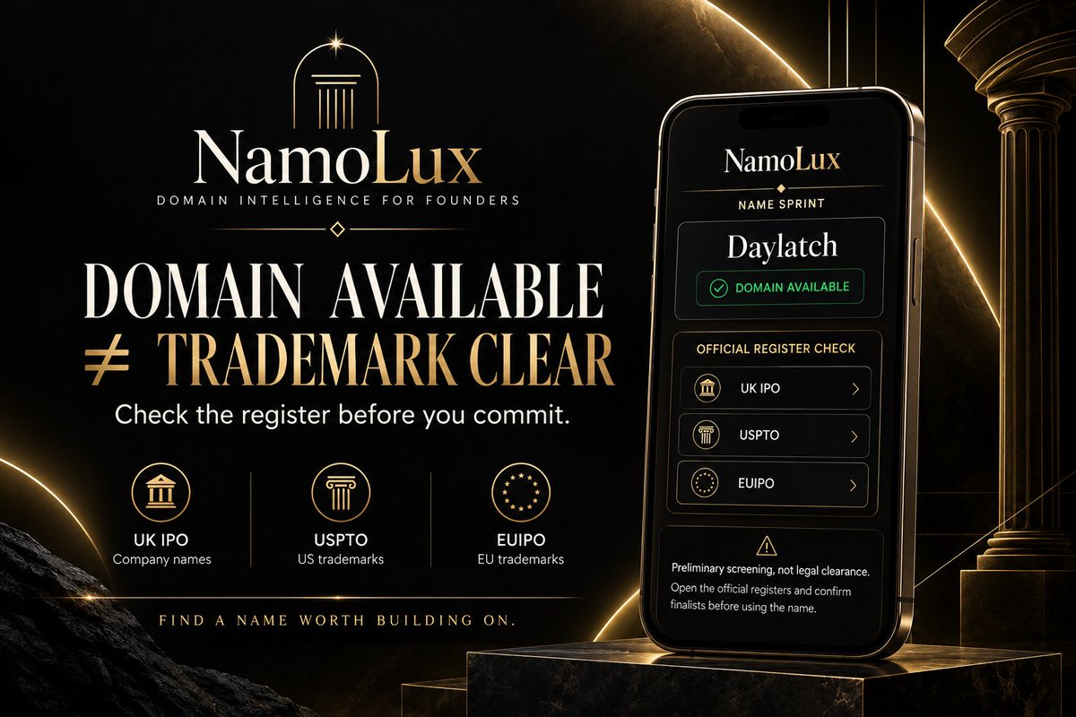 NamoLux's tweet photo. A domain can be available and still be risky to use.
Before committing, check the UK IPO and relevant official registers.
NamoLux helps you know what to check. Preliminary screening, not legal clearance. https://t.co/fOjQCsFeYY