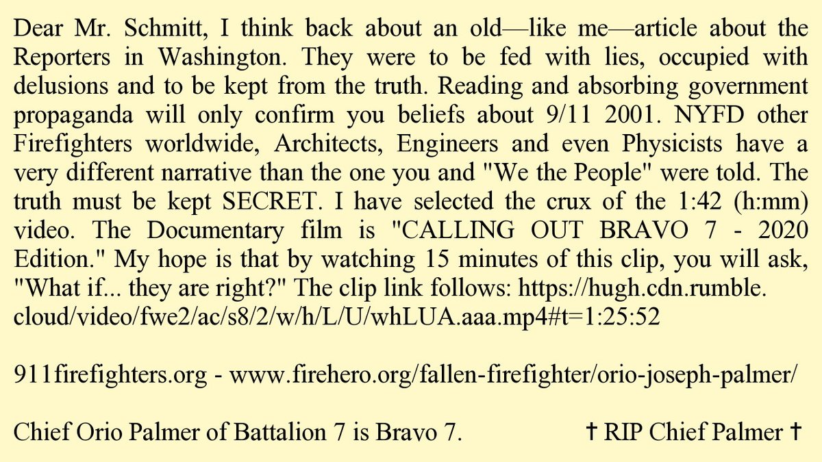 117_Knots's tweet photo. @SchmittNYC Dear Mr. Schmitt, NY Firefighters, other Firefighters worldwide, Architects, Engineers and even Physicists have a very different narrative than the one you and "We the People" were told about 9/11. Below is a clip link to their film: https://t.co/brszG55hsI https://t.co/FxwtYwqUYe