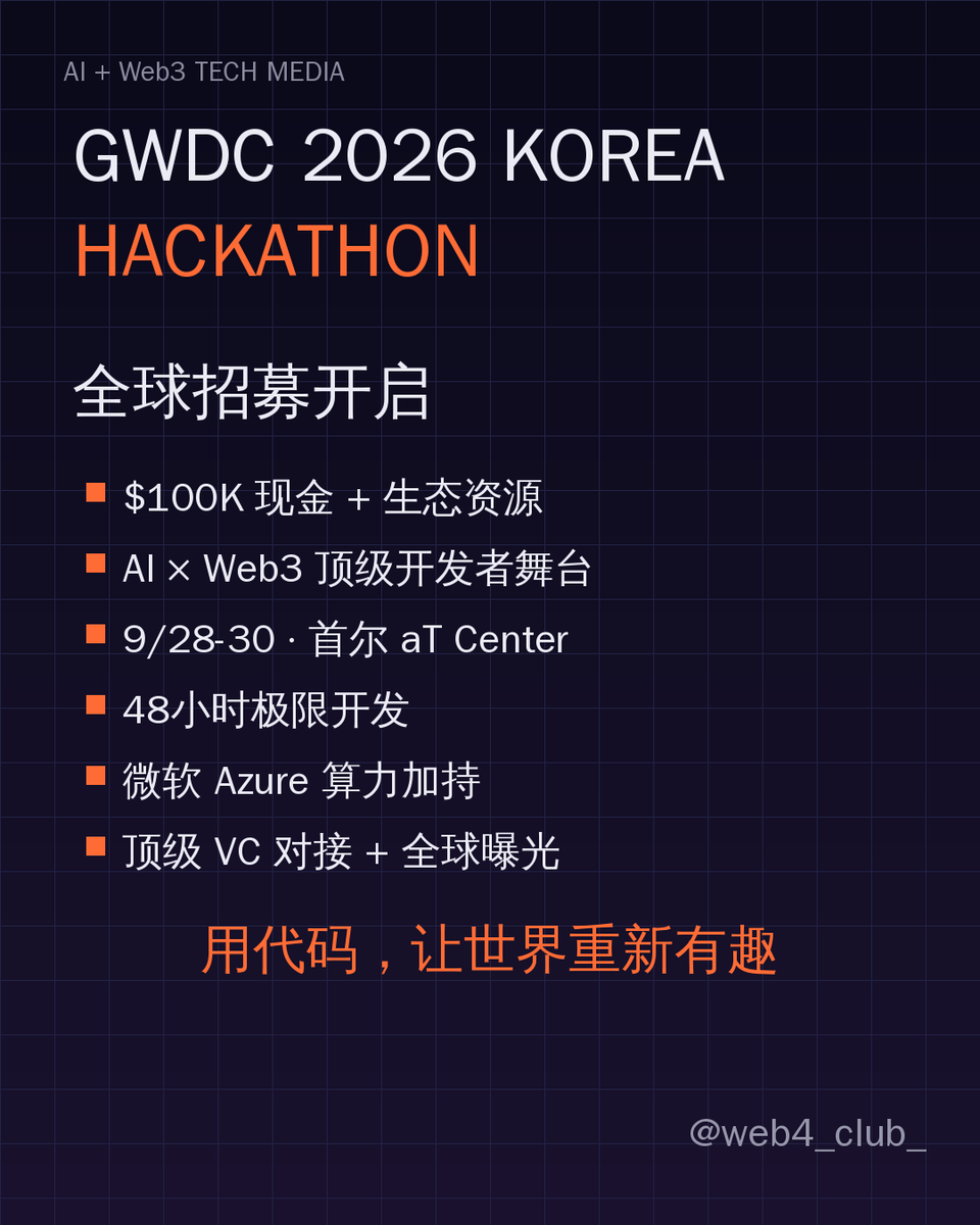 web4_club_'s tweet photo. 🔥 GWDC 2026 KOREA Hackathon 全球招募开启！
$100K 奖池 + 生态资源，AI×Web3 顶级开发者舞台。9/28-30 首尔，48小时极限开发，微软算力加持，VC对接+全球曝光。全球 Builder 齐聚首尔，用代码让世界重新有趣👇
https://t.co/dH18Lt5nsG
#AI #Web3 #Hackathon #Seoul https://t.co/aMbkJBo7nV