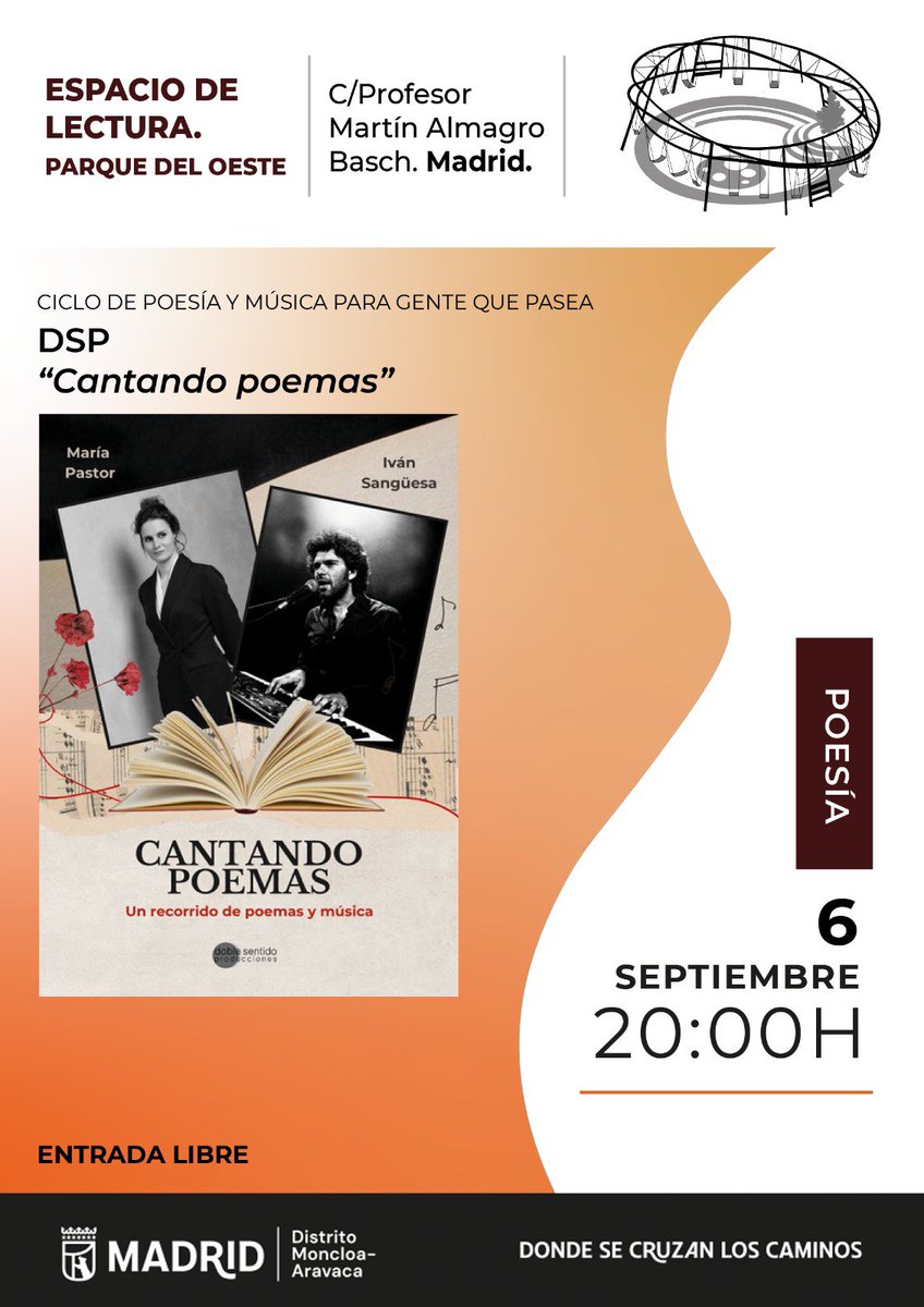 DobleSentidoPro's tweet photo. 📣 ¡Ya tienes plan para este fin de semana! 🎶 No te pierdas 'Cantando Poemas' en Espacio de Lectura-Parque del Oeste. 

📖  Dueto/homenaje a las mejores poetisas de la historia, entrelazando de forma magistral la interpretación teatral, la poesía recitada y la música en directo. https://t.co/t4xmXXETvB