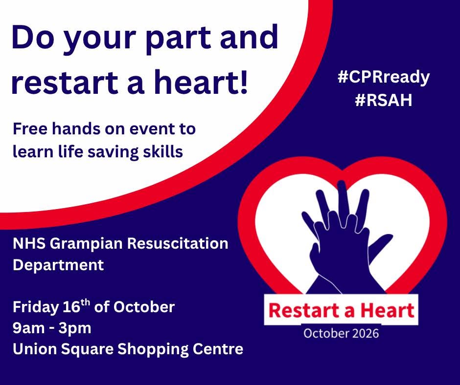 NHSGrampian's tweet photo. ❤️ Come along and join us on Friday 16th of October 9am-3pm at Union Square Shopping Centre and learn how to save a life!

Learn valuable life saving skills with the NHS Grampian Resus Department. 

#ProudToBeNHSG #RestartAHeart #CPRReady #RSAH  @HSCAberdeen https://t.co/gXvxFDU1HL