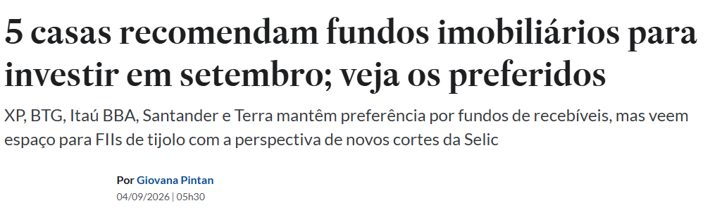 opapoeconomico's tweet photo. O Ifix, índice que acompanha os fundos imobiliários na B3, caiu 1,46% em agosto e chega a setembro com as cinco maiores carteiras recomendadas apostando na mesma coisa: recebível agora, tijolo depois. XP, BTG, Itaú BBA, Santander e Terra mantêm o peso principal em fundos de papel, atrelados a CDI e IPCA, que pagam bem enquanto a Selic está em 14% e oscilam pouco.

O BTG leva a tese ao limite, com 47% da carteira em recebíveis. Tirou o RBRR11 por causa da provável incorporação pelo PCIP11 e reforçou KNCR11 e KNIP11. A XP não mudou a lista, só os pesos: cortou multiestratégia e laje corporativa, aumentou logística, shopping e recebível. O Santander trocou BRCO11 por BTLG11 na perna logística. O Itaú BBA apenas rebalanceou, tirando 1,5 ponto de renda urbana e distribuindo em galpão e híbrido. A Terra não mexeu em nada e segue com dez fundos de 10% cada.

A Kinea aparece em praticamente todas as listas, seguida por Pátria e BTG. Isso diz mais sobre liquidez e tamanho de gestora do que sobre qualidade de imóvel.

O incômodo está no descompasso das duas pontas. Recomenda-se defesa em papel porque o juro segue alto, e aposta-se em tijolo porque o juro vai cair. As duas frases não podem continuar certas ao mesmo tempo por muito tempo. Some a isso o que Roberto Padovani, economista da XP, aponta no PIB do segundo trimestre: alta de 0,5% com o consumo das famílias caindo 0,4%. O mesmo cenário que abre espaço para corte de Selic é o que esvazia loja de shopping e pressiona aluguel de galpão.