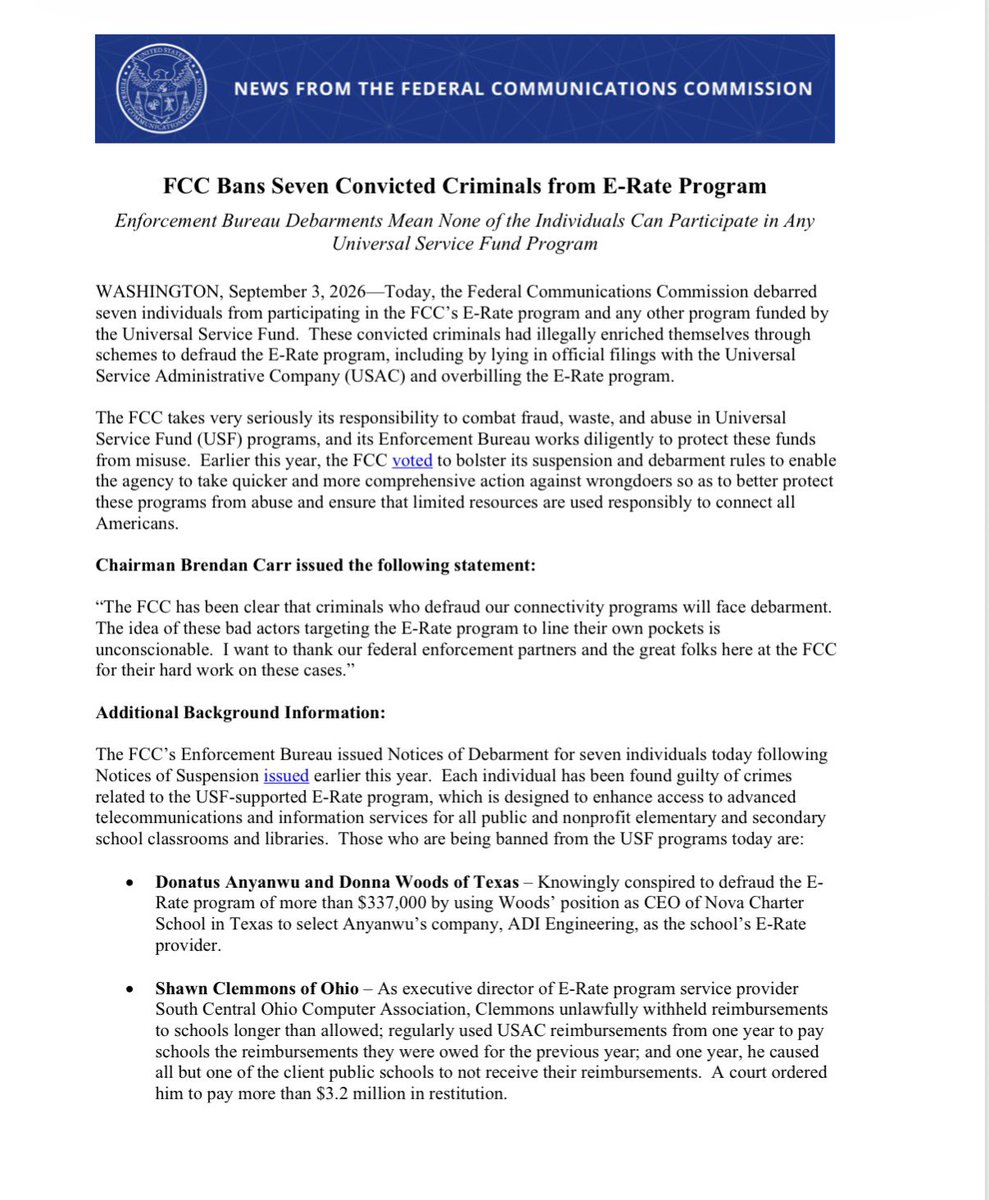 BrendanCarrFCC's tweet photo. This week, the FCC debarred seven people for attempting to defraud an agency program of millions of dollars. https://t.co/8qykA3anVh