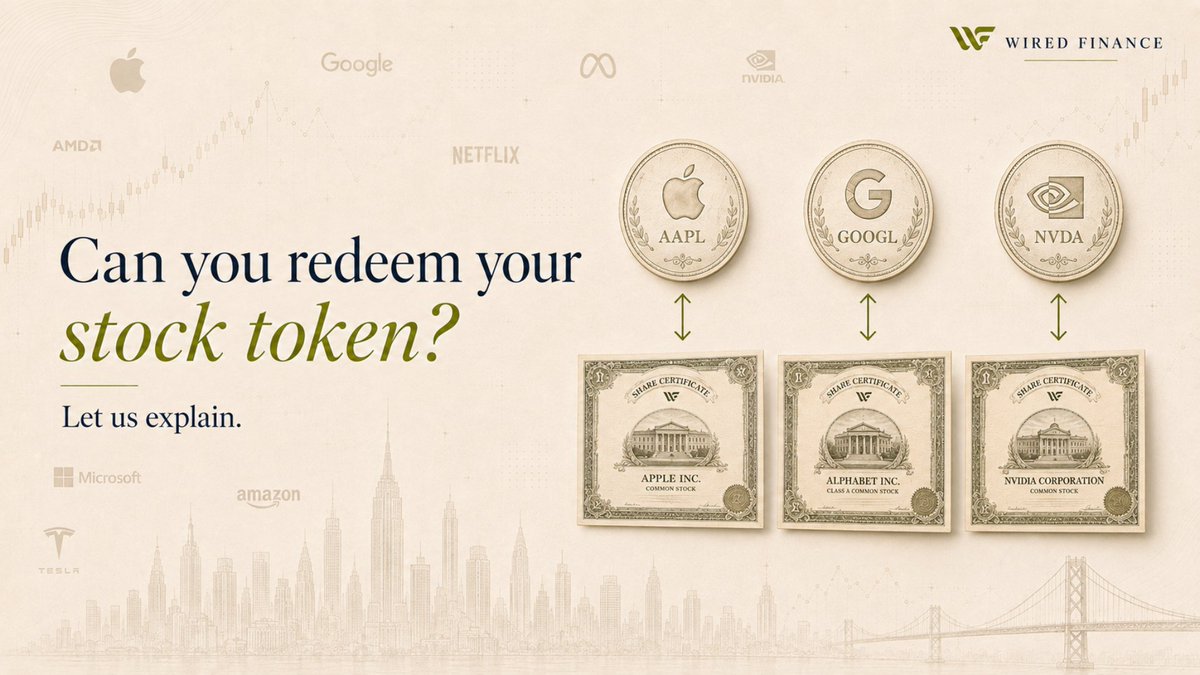 wiredfi's tweet photo. If you can’t redeem the onchain stock, do you really own the stock?
For us at $WIRED, redemption is a must-have.

Why ❔
• Every Stock Token is backed 1:1 by the corresponding underlying share held in custody.

• We’re also integrating Dinari to push this further, including future payouts in tokenized equities.

The goal is: keep the token connected to the actual stock behind it.

*PS: Redemptions are subject to KYC and applicable platform rules.