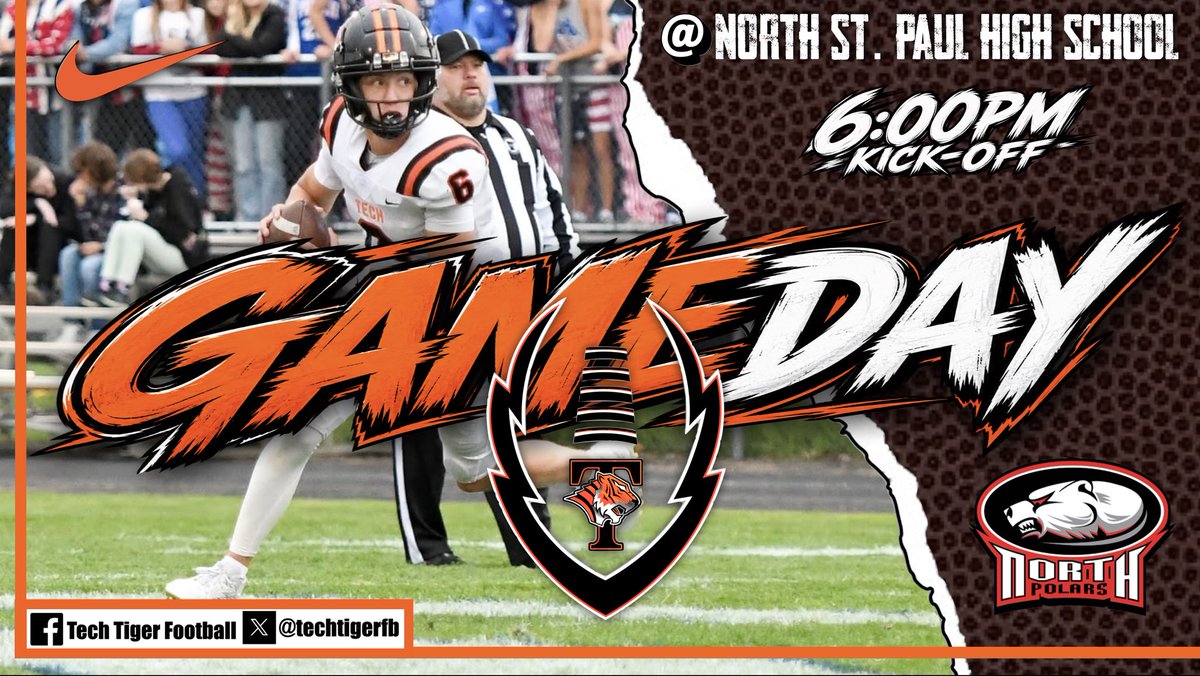 techtigerfb's tweet photo. ‼️‼️GAMEDAY‼️‼️

Tech vs North St. Paul

North St. Paul High School

6:00PM Kick-Off

TICKETS: https://t.co/olNVRREjth

LIVE STREAM: 
https://t.co/moi0bcOxPK

Go Tigers! #efforthabit #tradition @ISD742 @THSFANSECTION1 @tech_activities https://t.co/f7dqQ5YXMh