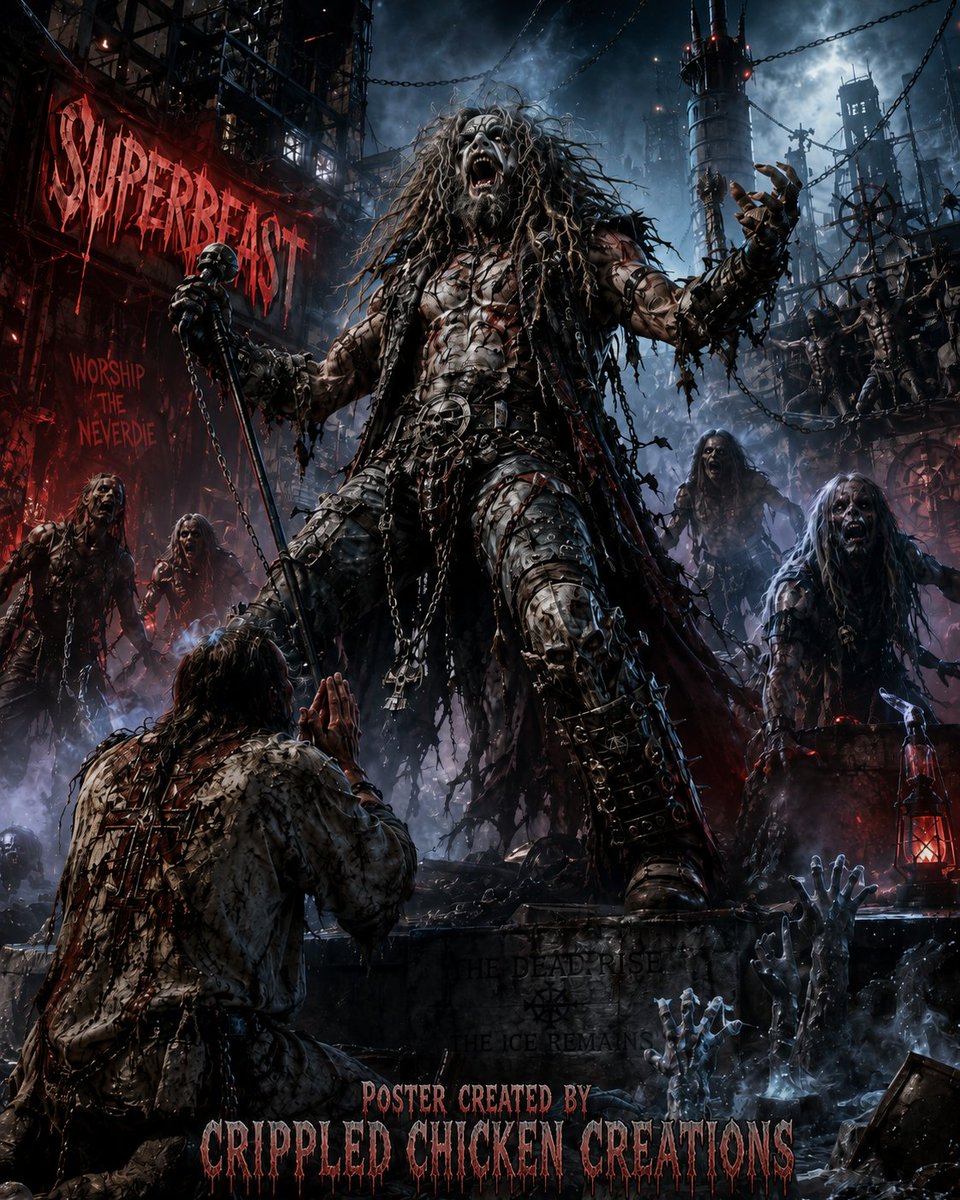 ChickenCrippled's tweet photo. ROB ZOMBIE ~ SUPERBEAST ~ 1998, ALBUM HELLBELLY DELUXE

Shriek the lips across ragged tongue
Convulsing together, sing violently
Move the jaw, cry aloud
Bound up the dead triumphantly

The ragged they come and the ragged they kill
You pray so hard on bloody knees
The ragged they come and the ragged they kill
Down in the cool air I can see

Hey, yeah, I'm the one that you wanted
Hey, yeah, I'm your superbeast
Hey, yeah, I'm the one that you wanted
Hey, yeah, I'm your superbeast

Stir the limbs across the wrist
Full possession of a memory
Bury me as a dog
Oh, icy hands surrounding me

The ragged they come and the ragged they kill
You pray so hard on bloody knees
The ragged they come and the ragged they kill
Down in the cool air I can see

Hey, yeah, I'm the one that you wanted
Hey, yeah, I'm your superbeast
Hey, yeah, I'm the one that you wanted
Hey, yeah, I'm your superbeast

Shriek the lips across ragged tongue
Convulsing two together, sing violently
Move the jaw, cry aloud
Bound up the dead triumphantly

The ragged they come and the ragged they kill
You pray so hard on bloody knees
The ragged they come and the ragged they kill
Down in the cool air I can see

Hey, yeah, I'm the one that you wanted
Hey, yeah, I'm your superbeast
Hey, yeah, I'm the one that you wanted
Hey, yeah, I'm your superbeast

#art, #aiart, #graphicdesign, #graphic, #crippledchickencreatios, #robzombie