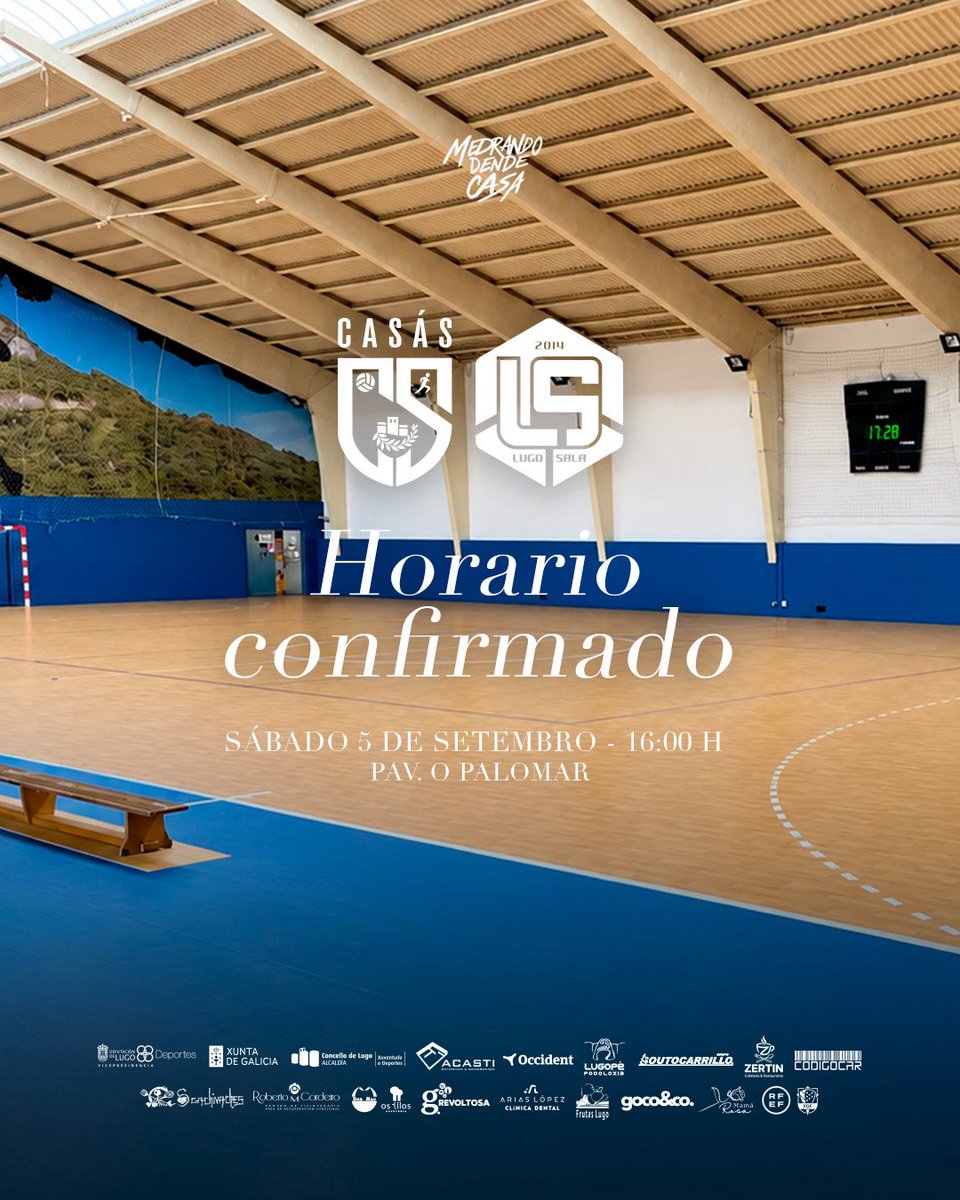 ADCLugoSala's tweet photo. Confirmado o horario dos Cuartos de Final da VII Copa Deputación de Lugo (1ª División Masculina) para o #LugoSala B ✅ 

🆚 @cpcasaslugo 
🗓️ Sábado, 5 de setembro
⌚️ 16:00 horas
🏟️ Pav. O Palomar 

#CasásLugoSala  #MedrandoDendeCasa https://t.co/vQTmKY1yyR