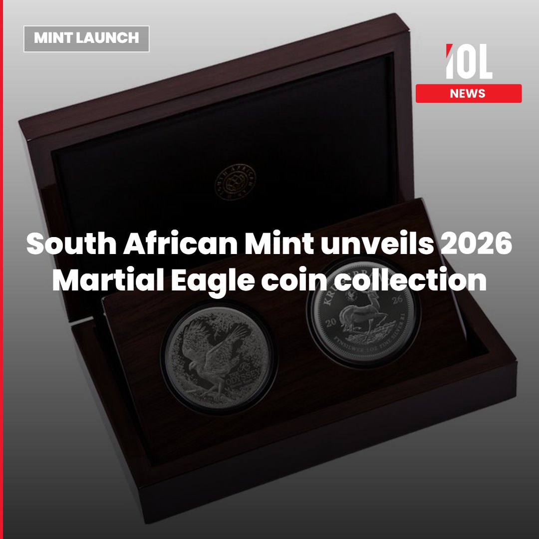 IOL's tweet photo. The South African Mint, a wholly owned subsidiary of the South African Reserve Bank, has unveiled its 2026 Martial Eagle collection, the second chapter in its seven-coin Odyssey of the Sky series.
Read on https://t.co/CNexZiPm35
#news #EagleCoin #MIntLaunch #SouthAfricanReserveBank #MartialEagleCollection