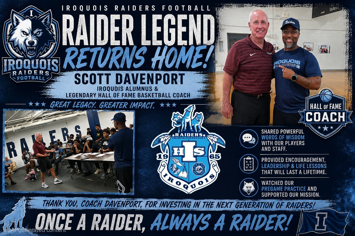 IHSRaidersFB's tweet photo. RAIDER LEGEND RETURNS HOME! 🐺

We were honored to welcome Iroquois alumnus and legendary Hall of Fame basketball coach Scott Davenport back home!

Thank you, Coach! Once a Raider, Always a Raider! 💙

#RaiderWay #RaidersForLife #IroquoisAlumni #Legacy https://t.co/VbTb6LV0At