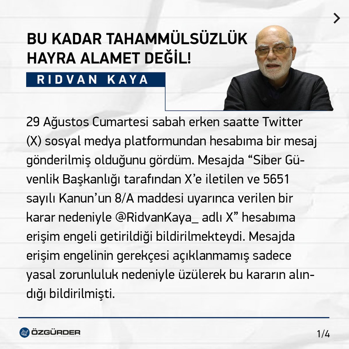 OZGURDER's tweet photo. Bu kadar tahammülsüzlük hayra alamet değil!

Genel Başkanımız Rıdvan Kaya'nın kapatılan X hesabı üzerine kaleme aldığı açıklamalardan satır başları: https://t.co/nAxiTYXApz