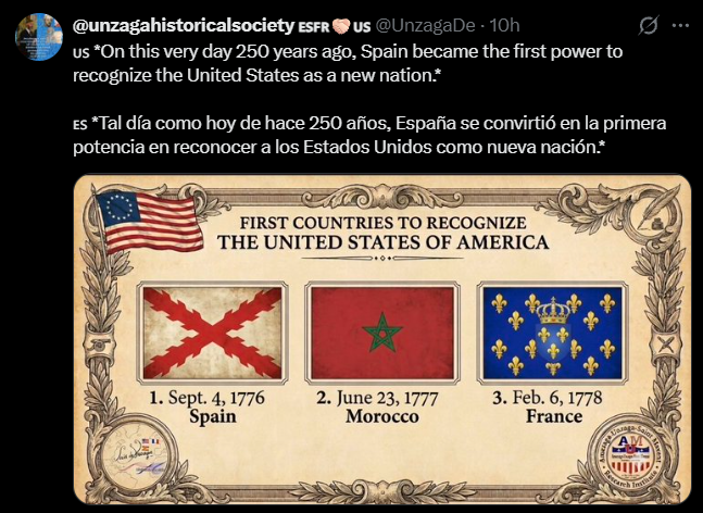 mayorcete's tweet photo. Nosotros no solo reconocimos a Estados Unidos.
Lo creamos.

Quizás el mayor error de la historia de España. https://t.co/voNoa1efia