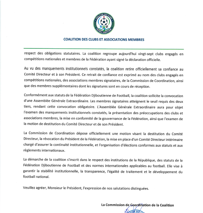 Romain_Molina's tweet photo. 27 équipes djiboutiennes ont formé une coalition pour demander une Assemblée générale extraordinaire avec un dépôt de motion de destitution du Comité directeur (incluant le président Waberi)

Selon les statuts de la Fédération djiboutienne (article 30), cette Assemblée peut être convoquée si 2/3 de ses members le demandent (ce qui est le cas)

Absence de transparence des ressources financières, sanctions arbitraires, discrimination, conflits d'intérêts et tous les autres soucis sont expliqués dans ce communiqué

Malgré cela, le secrétaire général de la Fédération a refusé de réceptionner le courrier officiel et le procès-verbal (avec toutes les signatures des clubs), ce qui pose une question : jusqu'à quand la FIFA va laisser la FDF ne pas respecter ses propres réglements (sans compter les détournements d'argent...) ?