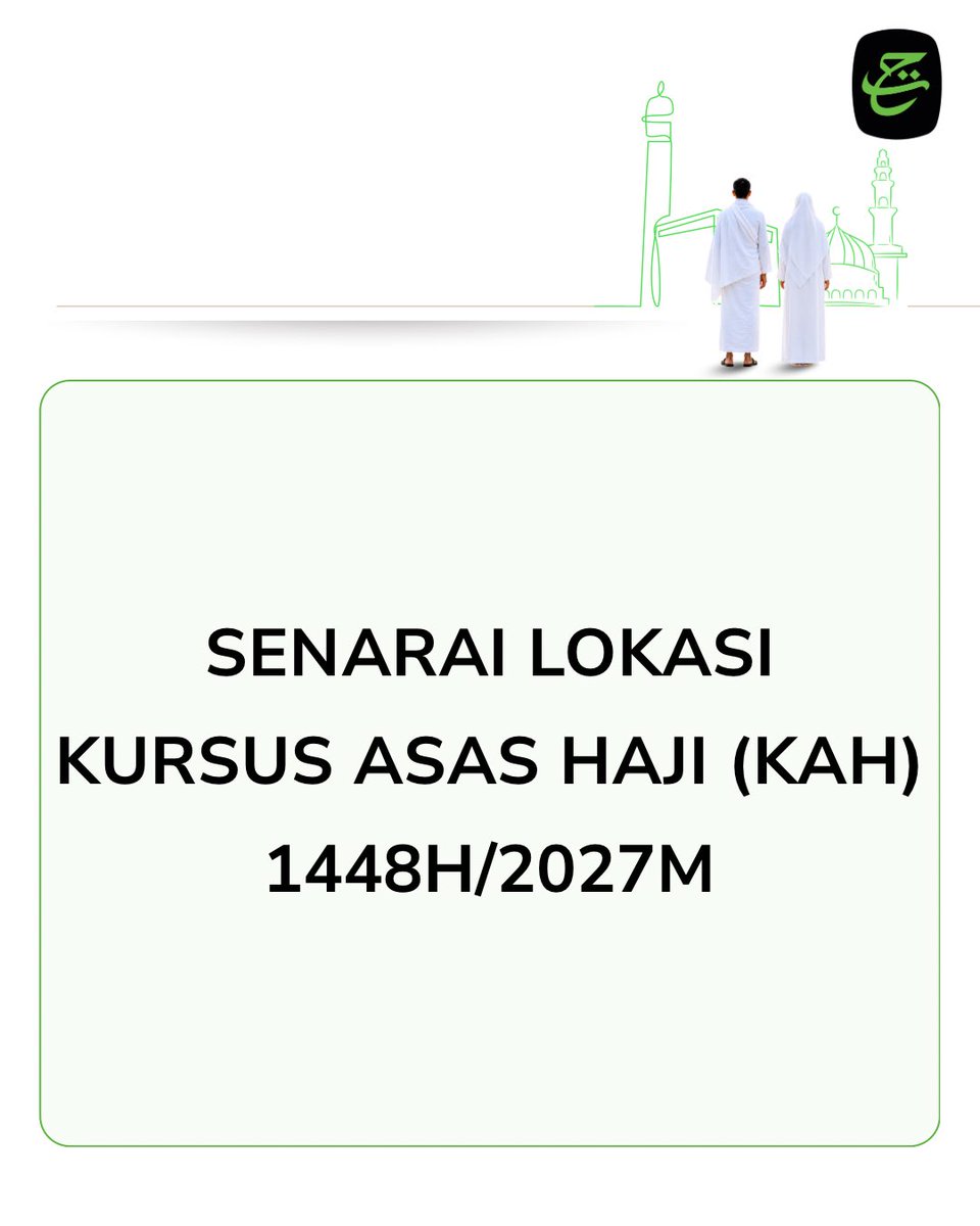 Tabung_Haji's tweet photo. Kursus Asas Haji (KAH) akan bermula pada 25 September 2026.

Lengkapkan ilmu manasik haji dan persediaan perjalanan anda ke Tanah Suci.

Sama ada anda Bakal Haji 1448H/2027M, bercadang membuat Rayuan Haji, merupakan pendeposit TH atau sesiapa sahaja, anda semua dijemput hadir.

Rujuk senarai lokasi KAH yang disediakan. Maklumat lanjut juga boleh didapati melalui laman web https://t.co/w0Ro6NKcn3 dan aplikasi THiJARI.

#BakalHaji1448H