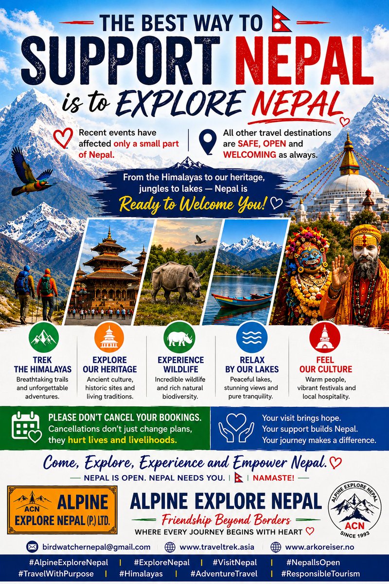 bharatregmi1's tweet photo. THE HIMALAYAS ARE WAITING FOR YOU 
#AlpineExploreNepal #NepalIsOpen #VisitNepal #ExploreNepal #HimalayanAdventure #NepalTravel #TrekkingInNepal #AdventureAwaits #DiscoverNepal #TravelWithConfidence #Himalayas #NepalTourism #Kathmandu#WildlifeNepal #BirdwatchingNepal #LuxuryTravel https://t.co/TubAIxdqTH