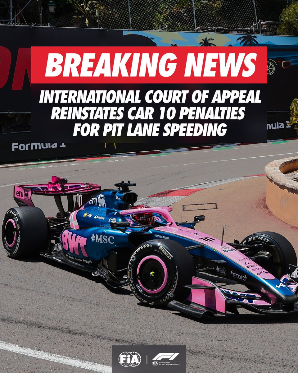 fia's tweet photo. Following the International Court of Appeal hearing in Paris on August 25, Pierre Gasly’s penalties for speeding in the pit lane in Monaco have been reinstated. https://t.co/u7UgyNlwMe
