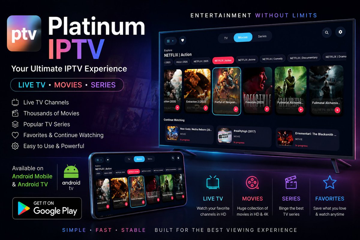 mDOT128kb's tweet photo. 📺✨ Meet Platinum IPTV — your ultimate entertainment experience!

🔥 Live TV
🎬 Movies
📺 TV Series
❤️ Favorites &amp; Continue Watching
📱 Android Mobile + 📺 Android TV
Simple. Fast. Stable. 🚀

https://t.co/hITlLtkcD7

#IPTV #AndroidTV #Streaming #LiveTV #Movies #TVSeries https://t.co/x4aXhziIPo