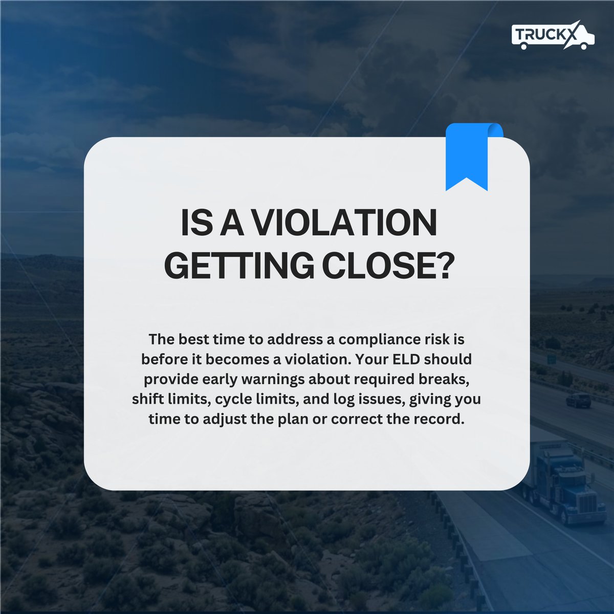 truckXinc's tweet photo. The right ELD goes beyond compliance. TruckX delivers insights to help fleets manage risks, make decisions, & stay on track. Link: https://t.co/Sud8ZsEk2Q
#TruckX #FleetManagement #ELDCompliance #TruckingLife #FMCSA #ELD #FleetSafety #DOTCompliance #TruckDrivers #GPSFleetTracking https://t.co/5oQvP9MMXZ