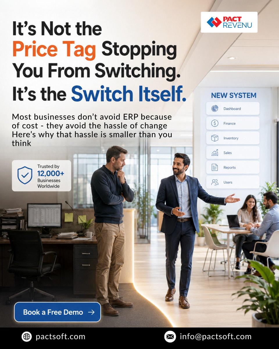 pacterp's tweet photo. What’s really stopping you from switching #ERP?

A better system can mean connected finance, inventory, sales, reports and more.

Don’t let fear of the switch keep you stuck.

🌐 https://t.co/O3hcGEloiS
📩 info@pactsoft.com

#PACTREVENU https://t.co/JEu334NMg2