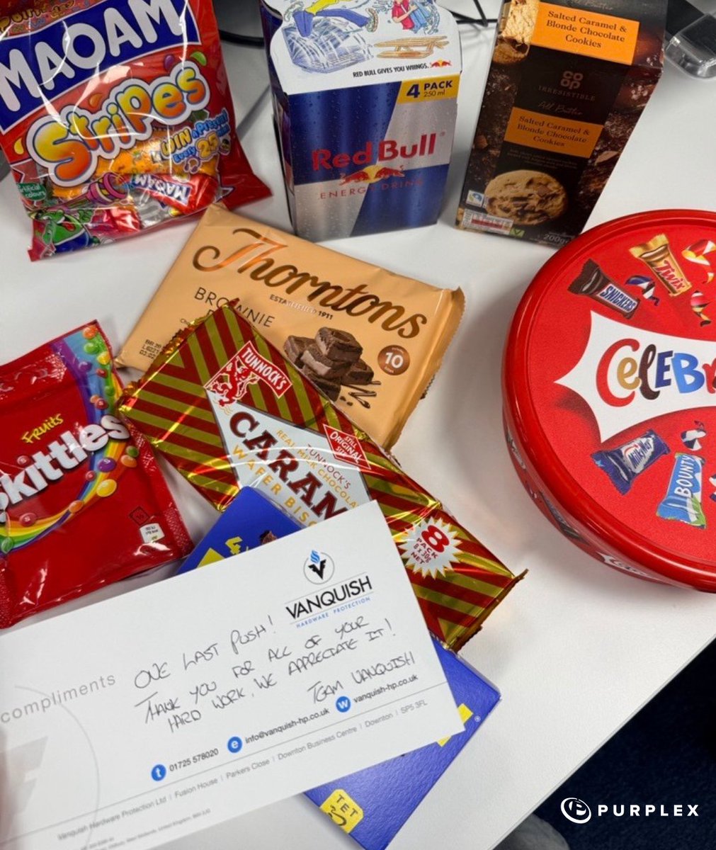 PurplexUK's tweet photo. What a great way to finish the week! 🍫

A big thank you to @Vanquish_hp for the box of goodies, sent as a thank-you for the work delivered so far on our current project. 🤩

#PurplexMarketing #Vanquish https://t.co/P4ft9Tqolx