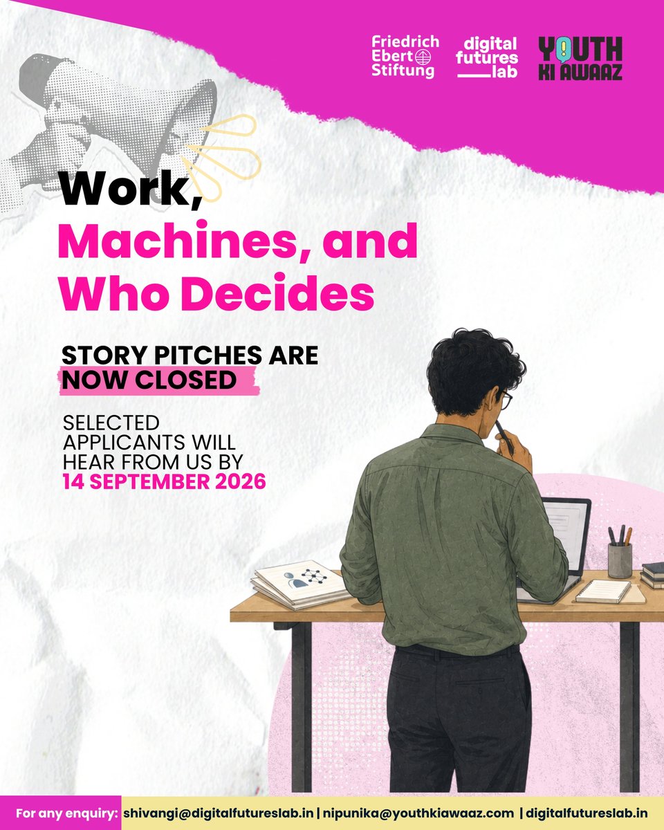 DigiFuturesLab's tweet photo. We’ve received your pitches for Work, Machines, and Who Decides. Thank you for sharing your stories with us. Submissions are now closed. Selected applicants will hear from us by 14 September.

By DFL and @YouthKiAwaaz, with support from @FESonline. https://t.co/GsULwSLHIz