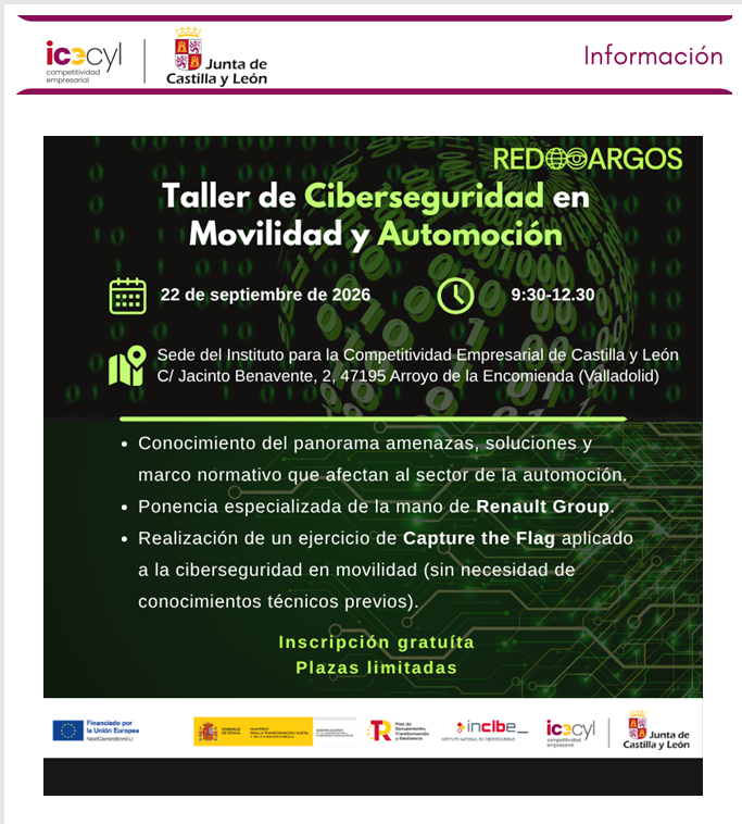 empresasjcyl's tweet photo. 🔐La ciberseguridad es clave para la competitividad empresarial.
Participa en el taller gratuito de #REDARGOS sobre movilidad y automoción, con @renaultgroup  y @Novadays  
Casos reales, buenas prácticas y ejercicio práctico.
👉 https://t.co/yfxm6pdz6X
#RETECH #NextgenerationEU https://t.co/SBgagQSUw8