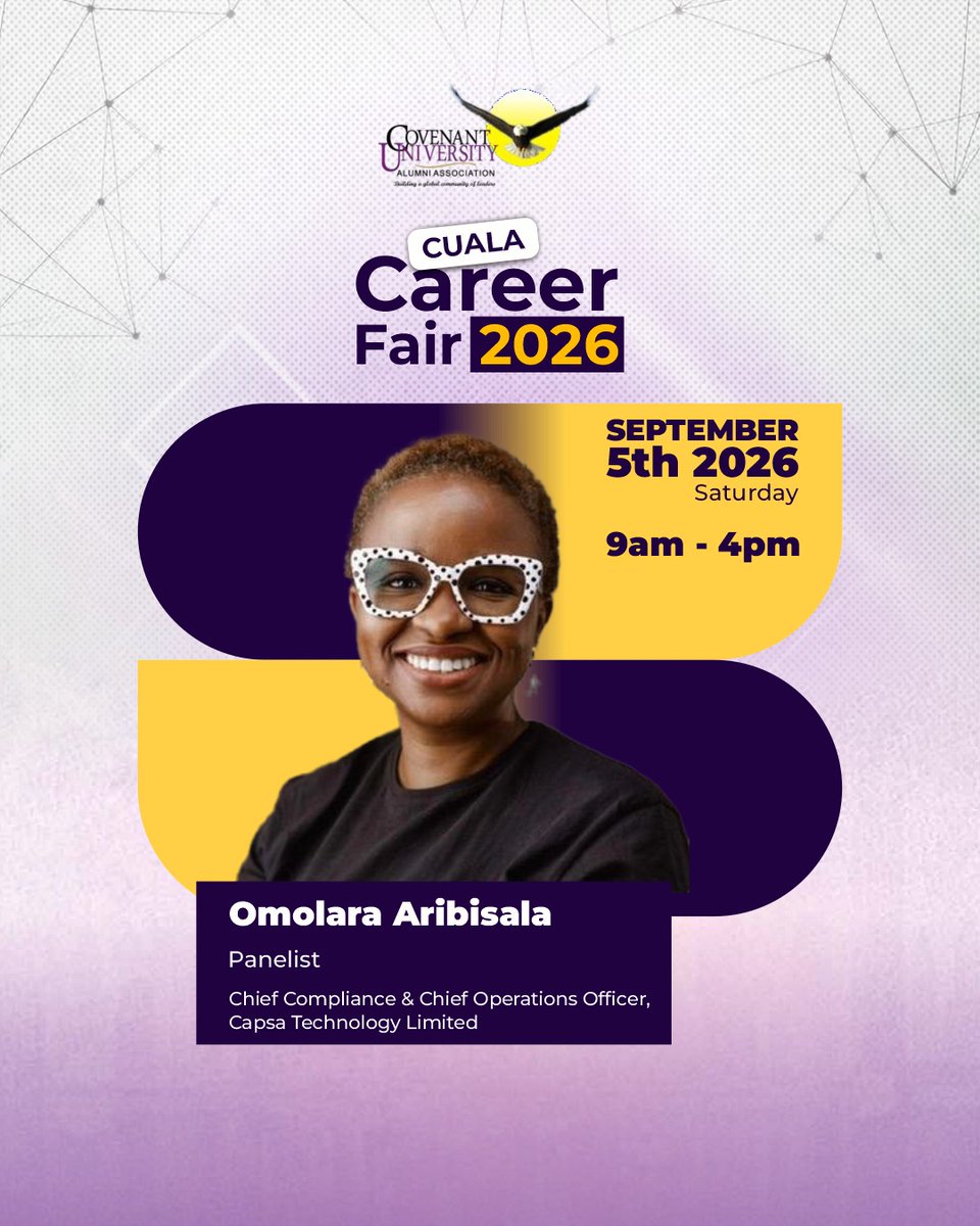 GetCapsa's tweet photo. We’re excited to have our very own Chief Compliance & Operations Officer, Omolara Aribisala, speaking at the Covenant University Alumni Association (CUALA) 2026 event tomorrow!

She’ll be joining the conversation on “The New World of Work: Navigating AI, Innovation and the Future of Industries”,  exploring how AI and innovation are reshaping industries, transforming how we work, and creating new opportunities.

The future of work is here and it's time to leverage on it. 

#GetCapsa #CUALA2026 #FutureOfWork #AI #Innovation #Technology