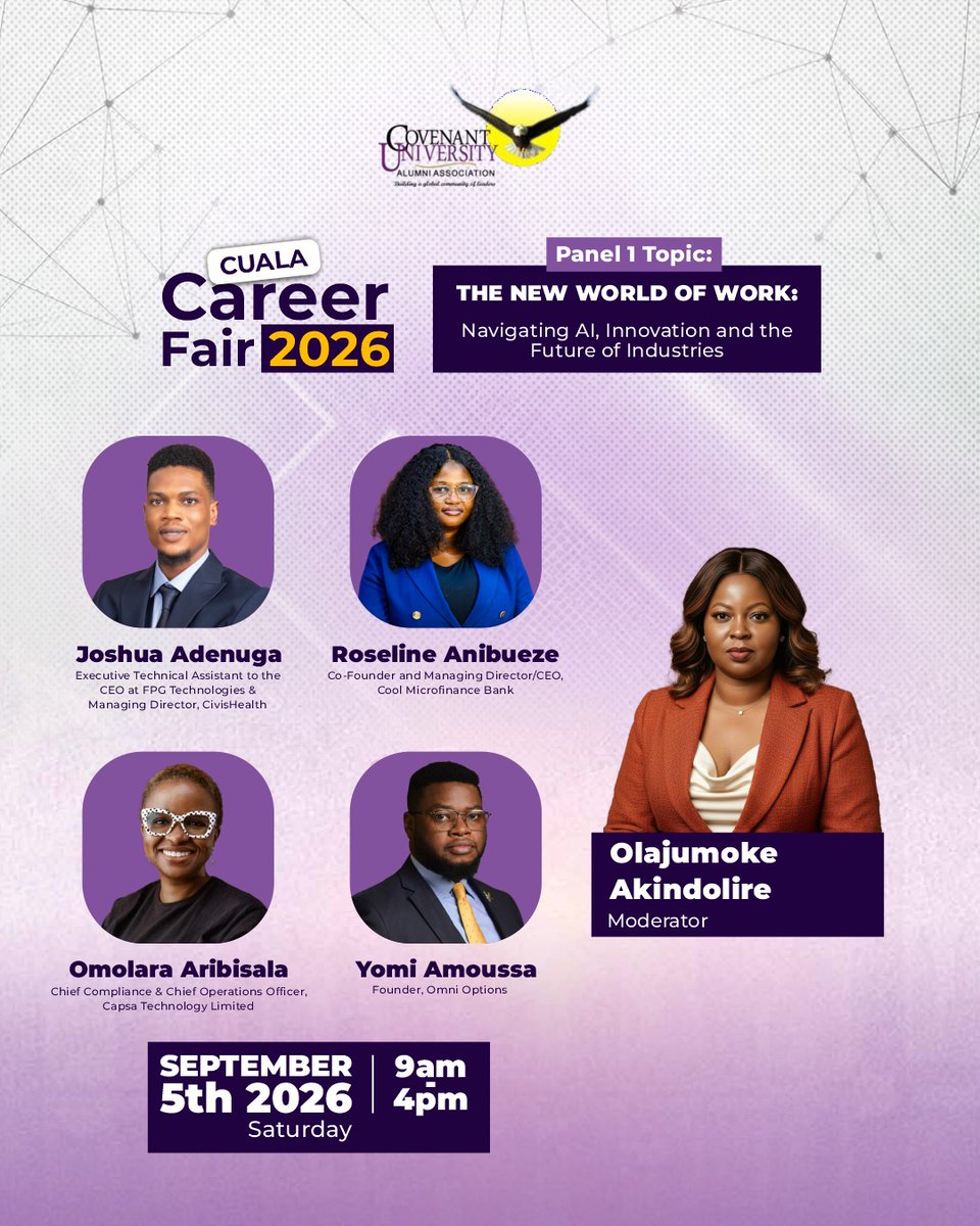 GetCapsa's tweet photo. We’re excited to have our very own Chief Compliance & Operations Officer, Omolara Aribisala, speaking at the Covenant University Alumni Association (CUALA) 2026 event tomorrow!

She’ll be joining the conversation on “The New World of Work: Navigating AI, Innovation and the Future of Industries”,  exploring how AI and innovation are reshaping industries, transforming how we work, and creating new opportunities.

The future of work is here and it's time to leverage on it. 

#GetCapsa #CUALA2026 #FutureOfWork #AI #Innovation #Technology