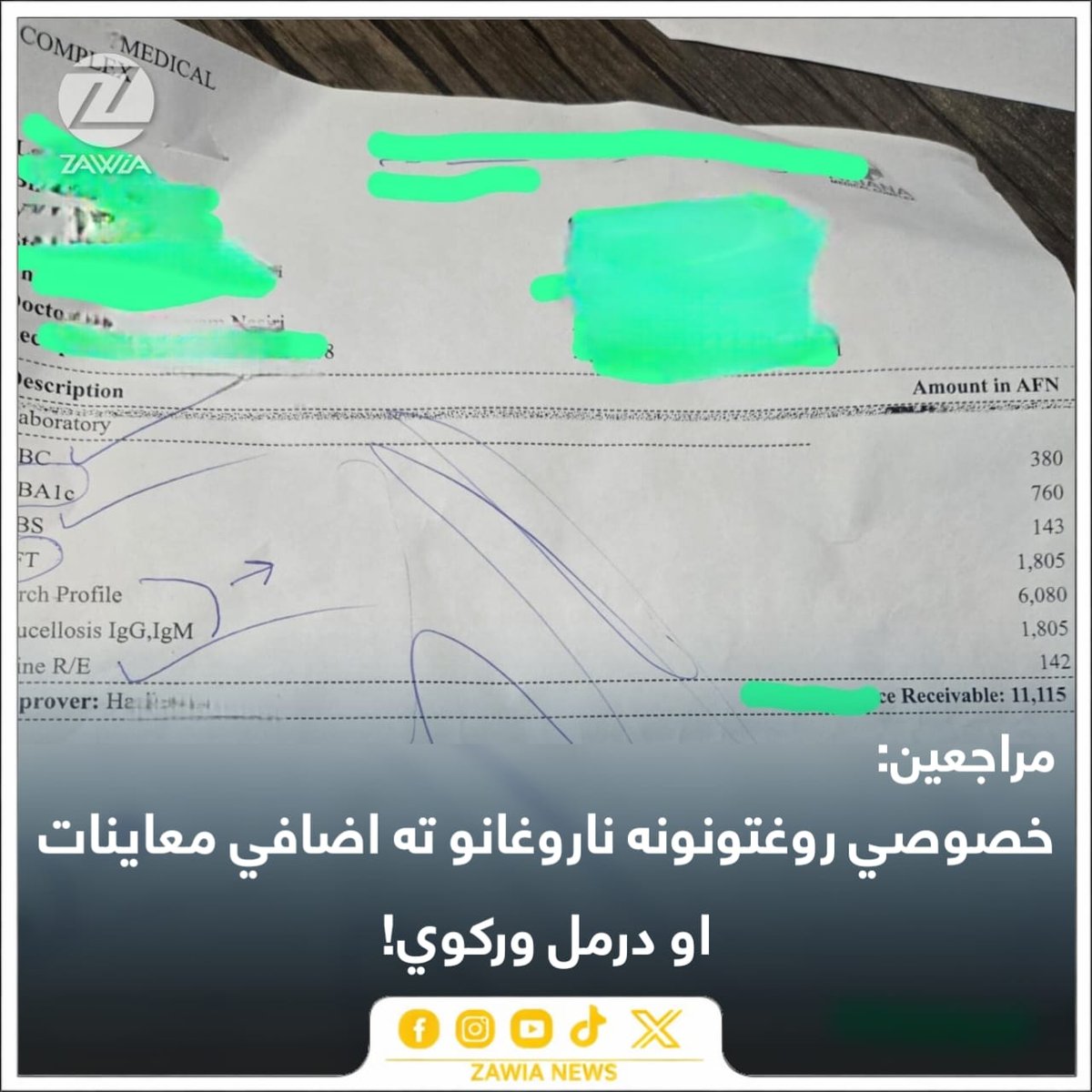 ZawiaNews's tweet photo. دا په کابل کې د يو خصوصي روغتون معاينات دي، چې د يوې مېندوارې مېرمنې لپاره يې بېلابېل ډوله معاينات په څه باندې ۱۱ زره افغانۍ ترسره کړي دي. 

د ۸ اونيو مېندوارې مېرمنې ته CBC، HbA1c، RBS، TFT، TORCH Profile، Brucellosis IgG/IgM او Urine R/E په ګډون ګڼ لابراتواري معاینات شوي دي.

مراجعين وايي، د معايناتو د لوړ قېمت ترڅنګ د درملو لوړې بيې دوی له جدي ستونزو سره مخ کړي دي: «قېمته درمل يوه ستونزه، اضافي درمل يې بله ستونزه ده. د درملو شرکتونو سره د اضافي درملو اېستلو قرارداد يې له اقتصادي ستونزو سره مخ خلکو څخه پوستکی وېستلی دی.»

دوی پر دې وضعيت د څارنې غوښتنه کوي.