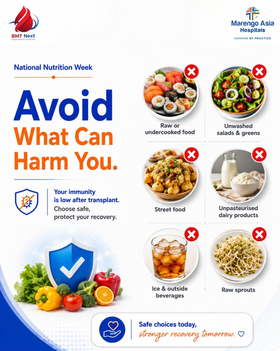 officialbmt09's tweet photo. 🩸 After a bone marrow transplant, nutrition matters.
Prioritise protein, adequate fluids &amp; safe, nutritious foods. With low immunity, avoid raw/undercooked foods, unwashed salads, street food, unpasteurised dairy &amp; raw sprouts. 
#BMTNext #BMT #TransplantNutrition https://t.co/k9HdbZOZKh