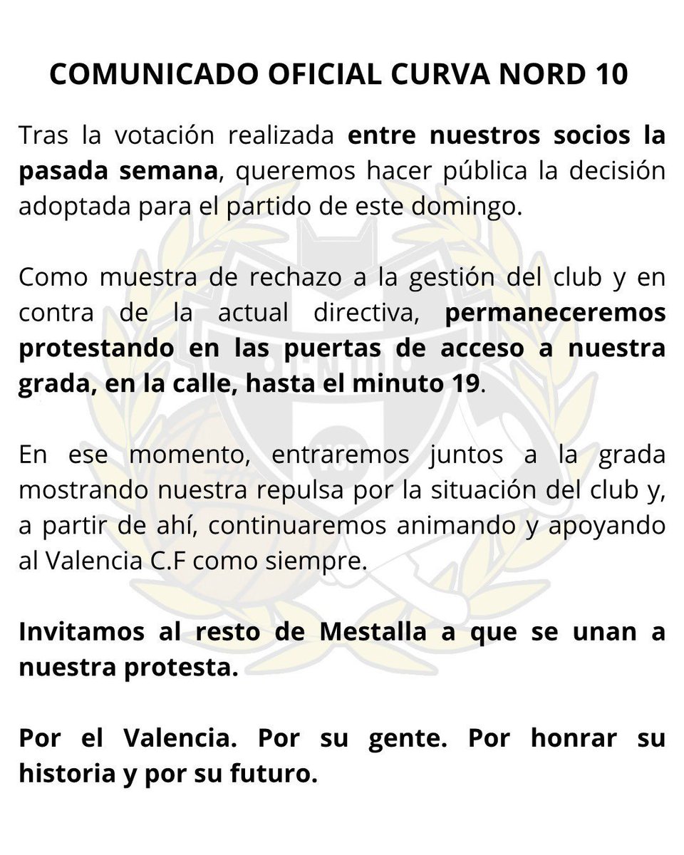 TribunaVCF's tweet photo. 📢 La @CN10_VLC convoca una protesta para el próximo partido contra el @FCBarcelona en Mestalla 

🏟️ “Permaneceremos protestando en las puertas de acceso a nuestra grada, en la calle, hasta el minuto 19” 

🦇 “Invitamos al resto de Mestalla a que se unan” https://t.co/2wQHLnnubQ