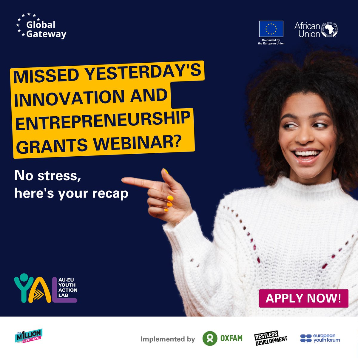 AUEUYouthLab's tweet photo. Missed yesterday's AU-EU Youth Action Lab Innovation and Entrepreneurship #Grants webinar? No stress. Watch the recording to get all the guidance you need for your application and share widely:
📽️https://t.co/dlbPj8hBQ0
#AUEUYouthActionLab #AUEUYouthLab #CallforApplications https://t.co/9jGoTUtd5f