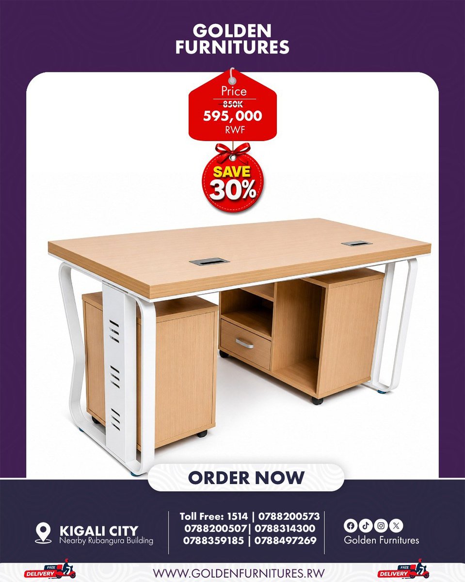 GoldenFurniturw's tweet photo. Upgrade your workspace with this modern Executive Office Desk, designed for style, comfort, and productivity.
📍 Kigali City – Nearby Rubangura Building 
📞 Toll Free: 1514 
☎️ 0788200507 | 0788314300 | 0788359185 | 0788497269  

🌐 https://t.co/Cy9BalqOpZ 
#GoldenFurnitures https://t.co/OeiCEq7aNR