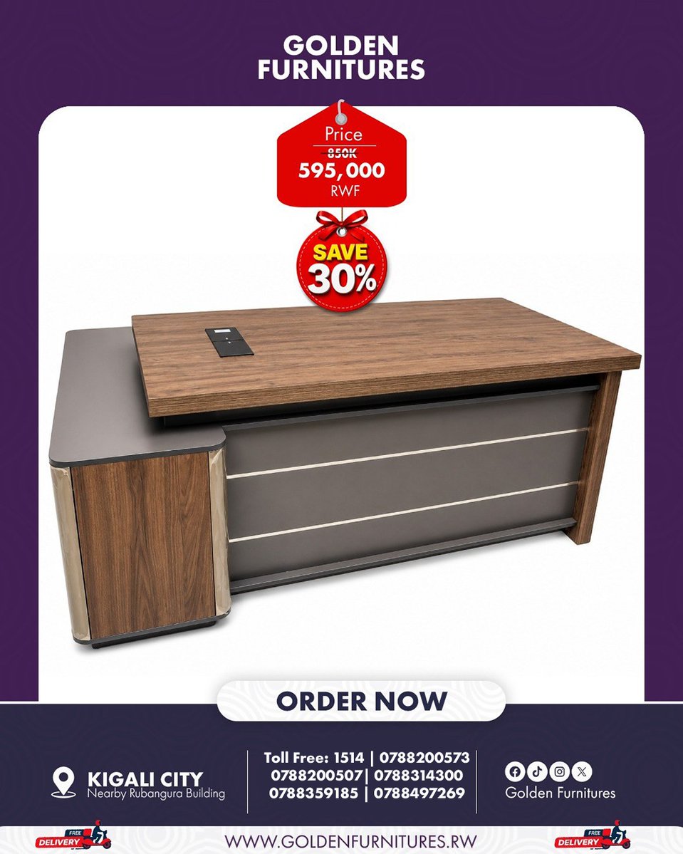 GoldenFurniturw's tweet photo. Upgrade your workspace with this modern Executive Office Desk, designed for style, comfort, and productivity.
📍 Kigali City – Nearby Rubangura Building 
📞 Toll Free: 1514 
☎️ 0788200507 | 0788314300 | 0788359185 | 0788497269  

🌐 https://t.co/Cy9BalqOpZ 
#GoldenFurnitures https://t.co/OeiCEq7aNR