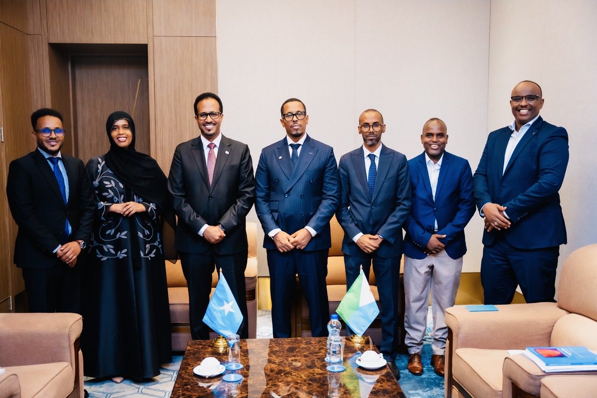 AmbGamal's tweet photo. Pleased to meet H.E. Orbis Helaf Orbis, Minister of Commerce and Tourism of the Republic of Djibouti, on the sidelines of the Horn of Africa Trade Ministers’ Meeting in Addis Ababa. We discussed bilateral trade and investment opportunities,  and practical ways to strengthen commercial ties between our two countries and business communities including the finalization of formal trade agreement.