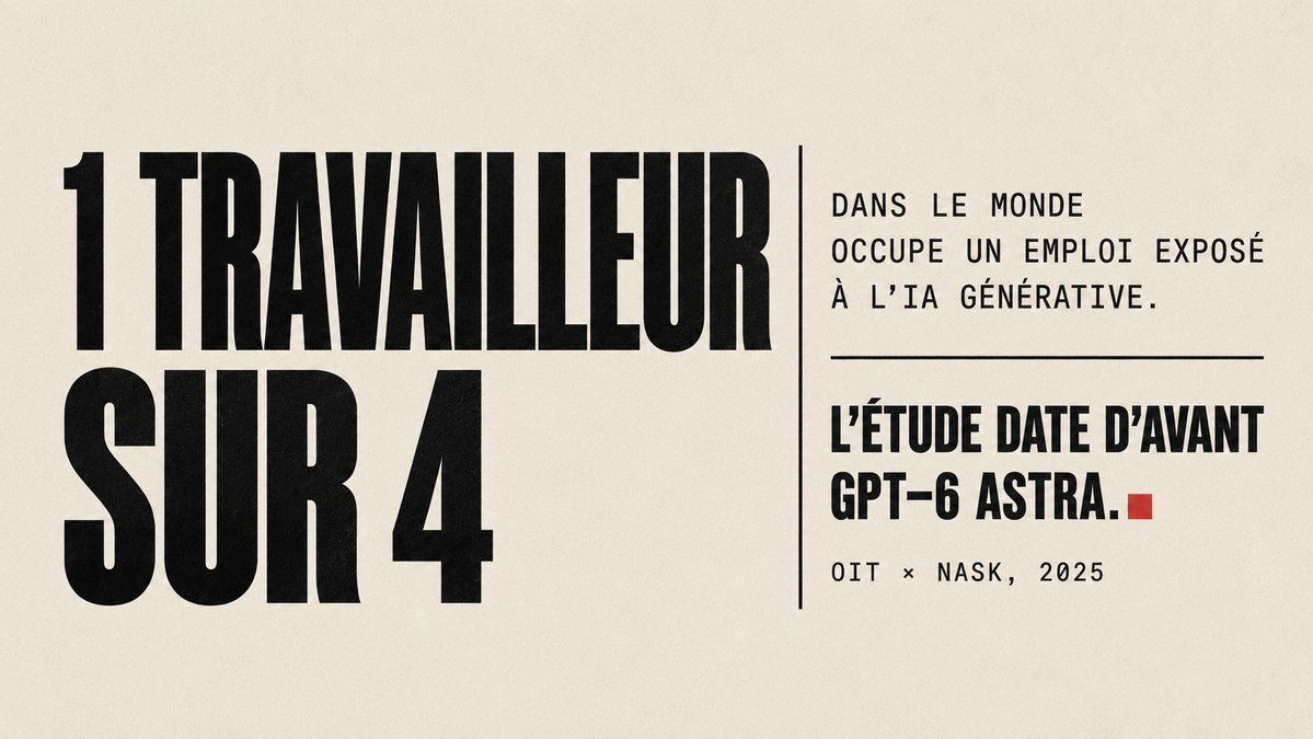 romainhvn's tweet photo. HOLY SHIT.

Pendant qu’on débat de la semaine de 4 jours et de la retraite à 64 ans, GPT‑6 Astra pose la vraie question :

Que restera-t-il du travail quand presque tout ce qu’un humain fait derrière un ordinateur pourra être fait par une machine ?

Revenu universel ou chaos. https://t.co/kdM3KphZTF