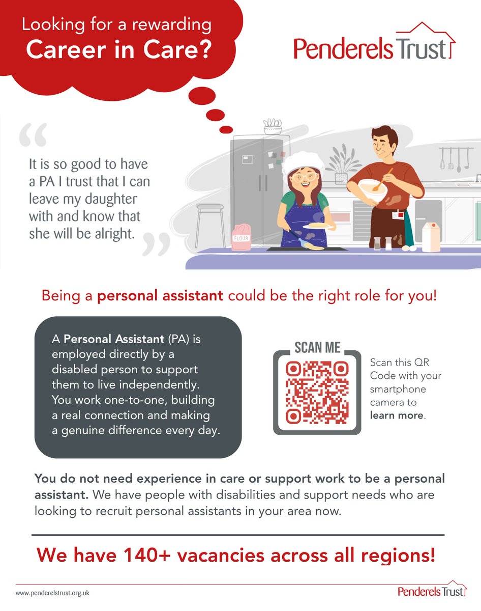 Penderels_Trust's tweet photo. Looking for a rewarding career in care?  
Becoming a Personal Assistant could be the right role for you. We’re supporting 140+ PA vacancies across our regions.  

Apply now: https://t.co/YZPv2m7R2Y https://t.co/NLlw7QoSgj