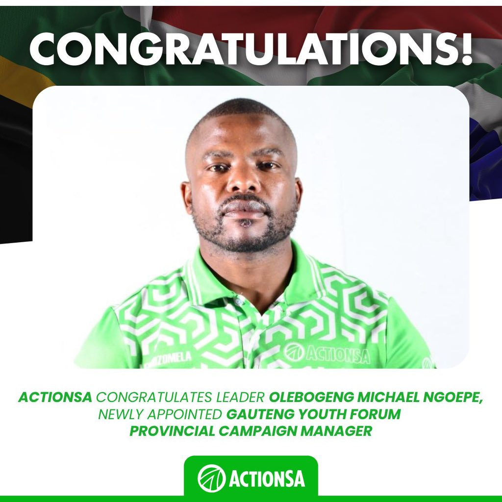 ActionSAGPYouth's tweet photo. ActionSA congratulates leader Olebogeng Michael Ngoepe, newly appointed Gauteng Youth Forum Provincial Campaign Manager!✊🏾💚🇿🇦 https://t.co/iqh2GKRrD2