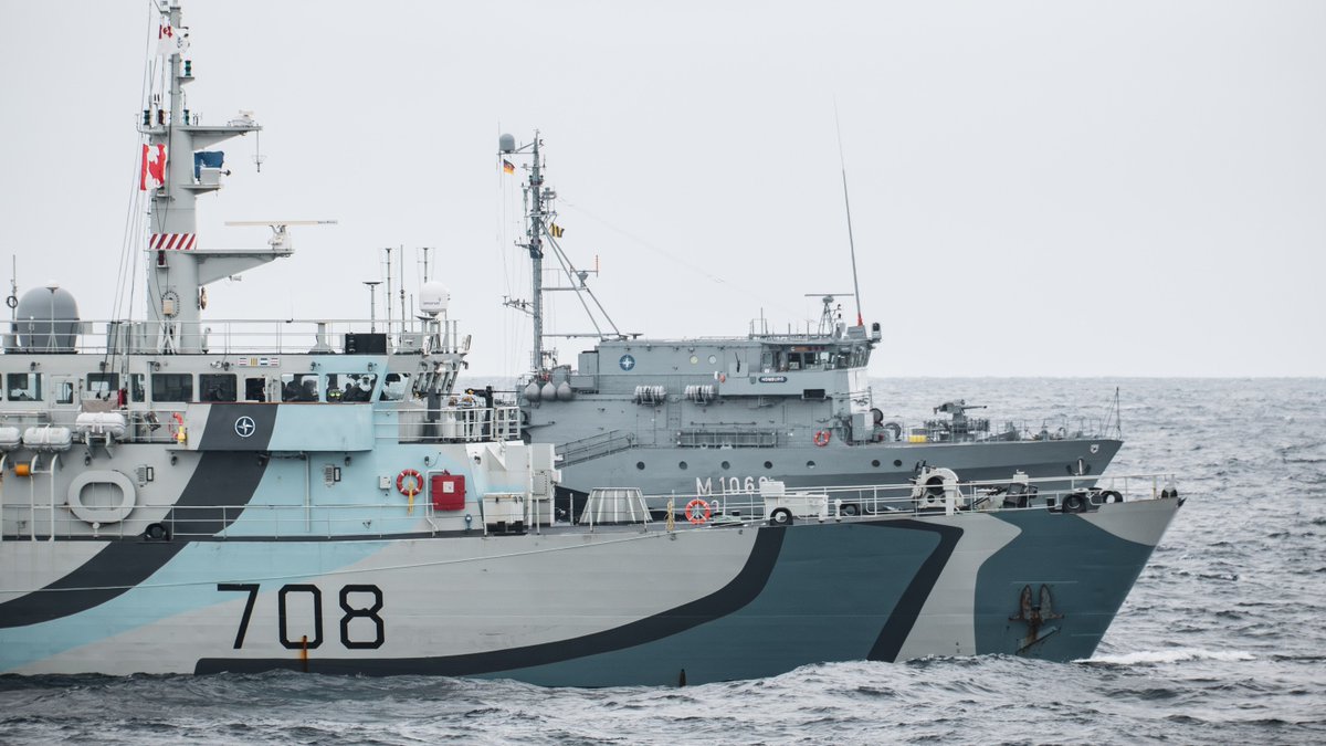ReadyAyeReady's tweet photo. HMCS Moncton and FGS Homburg sail alongside HMCS Ville De Quebec during Operation REASSURANCE in the North Atlantic Ocean on 16 August 2026. Photo: Corporal Cole, Canadian Armed Forces Photo #RCN #Photo #RoyalCanadianNavy https://t.co/OCL2aMCeEI