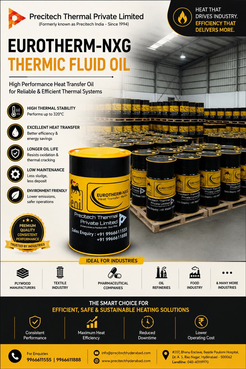 precitech_ltd's tweet photo. 📷 Maximize Heat Transfer Efficiency with  Thermic Fluid Oil!
Designed for superior thermal stability and long service life, EUROTHERM Thermic Fluid Oil ensures efficient heat transfer, reduced maintenance costs, and reliable performance across a wide range of industrial heating https://t.co/PiJx8la2rV