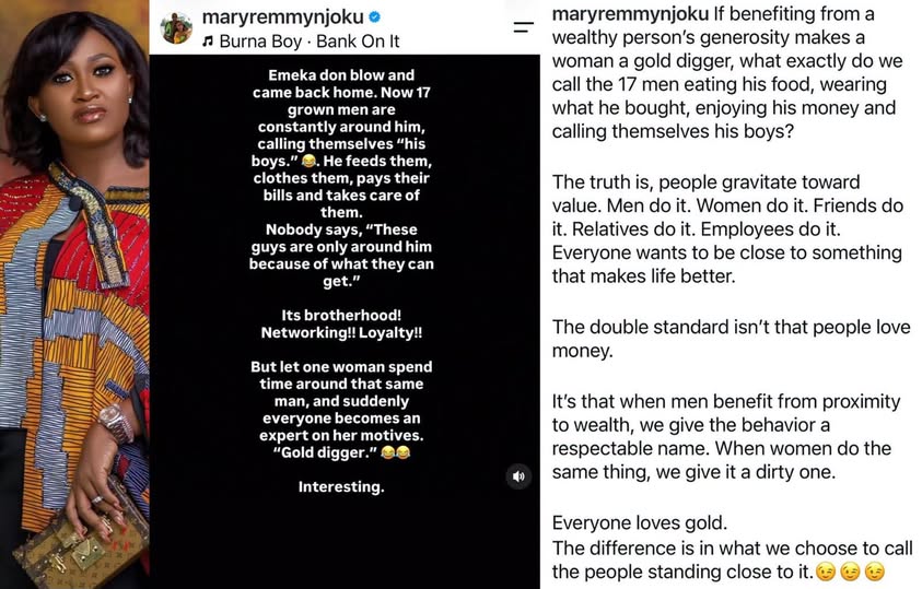 yabaleftonline's tweet photo. If benefiting from a wealthy person's generosity makes a woman a gold digger, what do we call 17 men eating his food and calling themselves his boys? - Actress Mary Remmy Njoku queries. https://t.co/GL4FnhMUUy