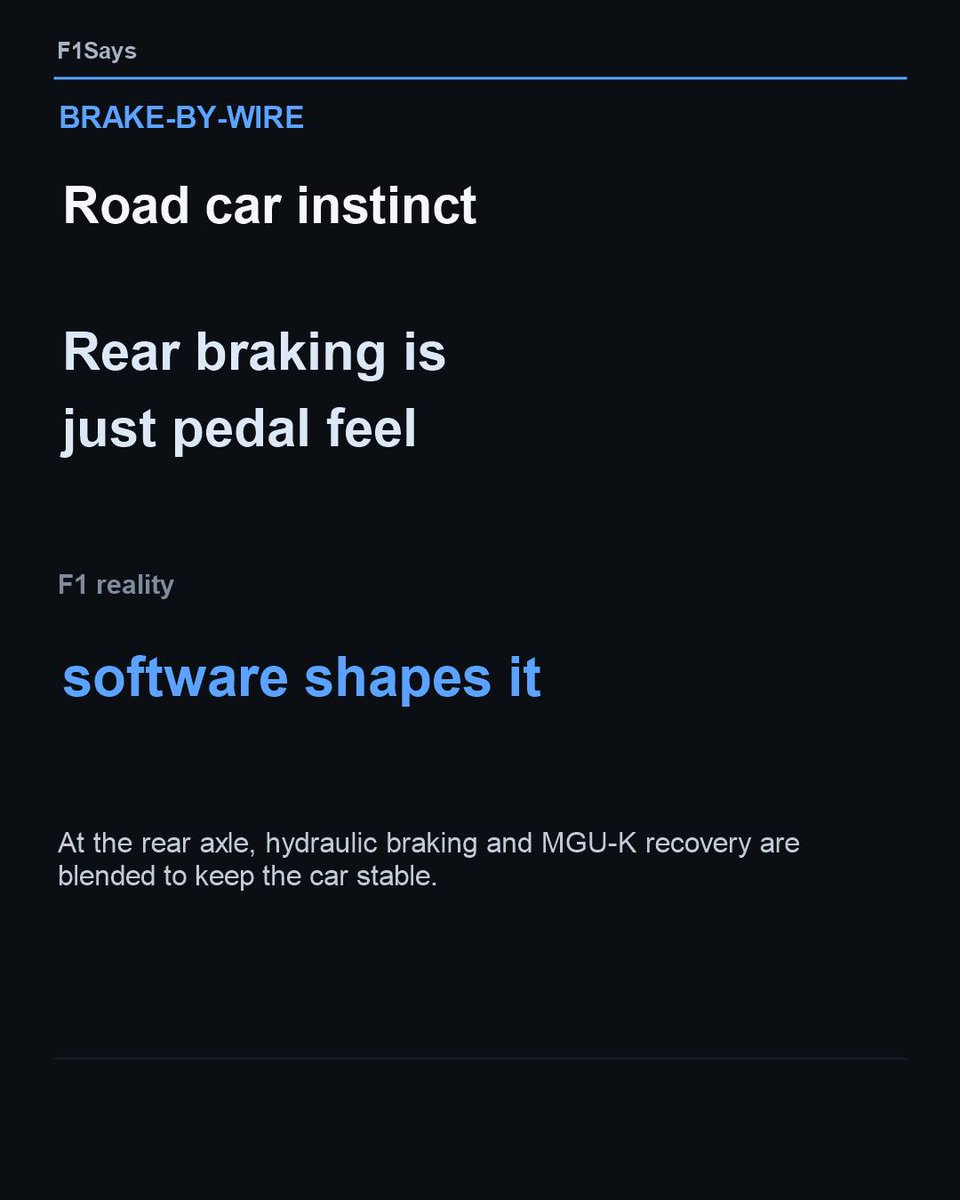 LoyceOverbrb23's tweet photo. Brake-by-wire lets F1 software blend rear hydraulic braking and energy recovery corner by corner, rather than relying on pedal feel alone. https://t.co/2pRV9MTZiz