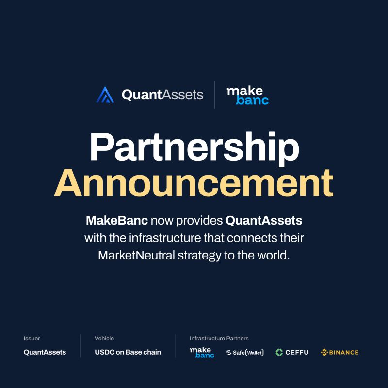 a_zonneveld's tweet photo. We’re pleased to announce that @QuantAssets will be using @makebanc's infrastructure to provide eligible investors with streamlined access to its Market Neutral Strategy.
MakeBanc powers the infrastructure. QuantAssets runs the strategy.
#vaults #connectedfinance #DigitalAssets