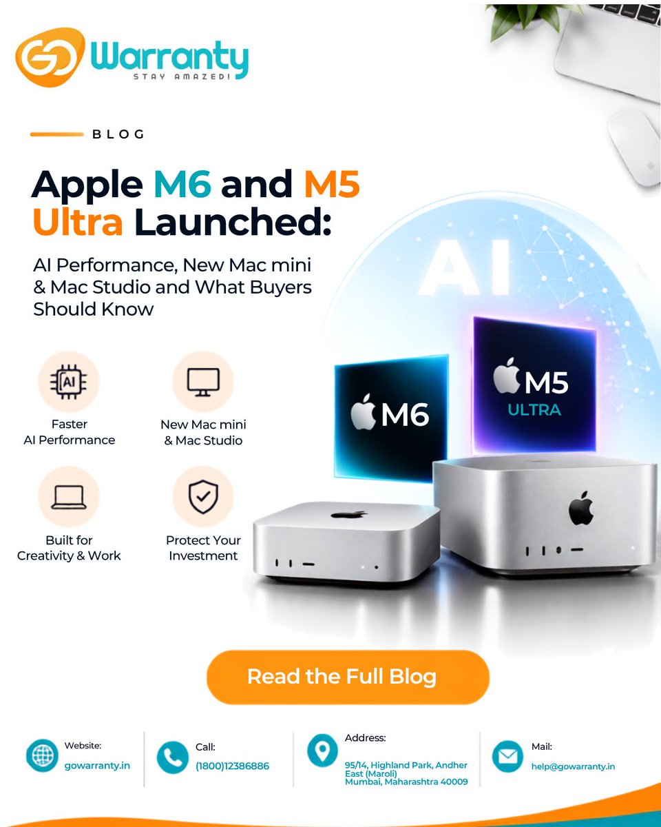GoWarranty's tweet photo. Apple’s M6 and M5 Ultra are pushing performance and AI capabilities further with updates around the Mac mini and Mac Studio. 💻⚡
🔗 https://t.co/38xHZtaXbd
#GoWarranty #AppleM6 #M5Ultra #ExtendedWarranty #AppleNews https://t.co/Z4GbPr5yti