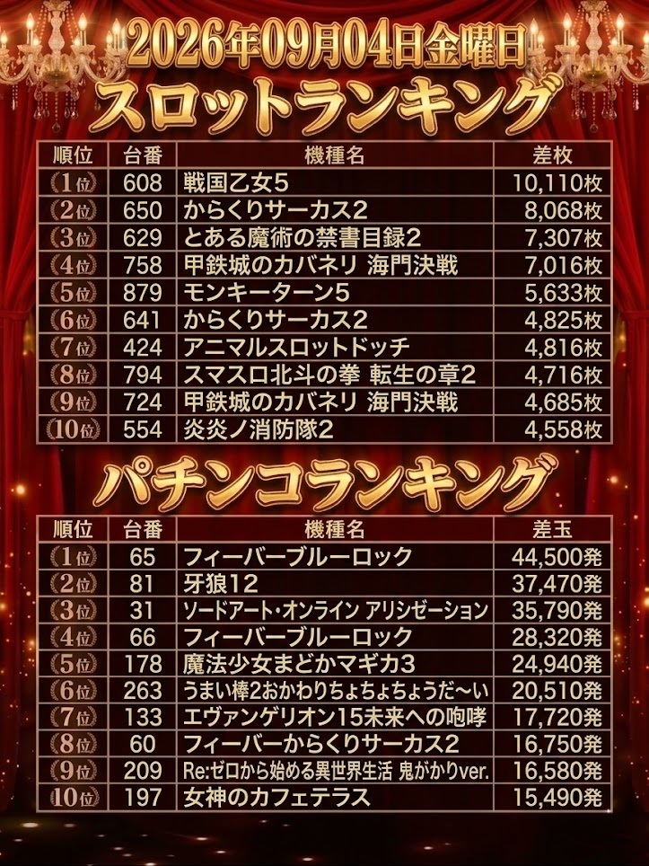 g_yashio's tweet photo. 9月4日(金)のランキング発表🎰 ※20時00分時点での差枚差玉ランキングとなります。   明日のご来店もお待ちしております🙌 https://t.co/e57qfqi30x
