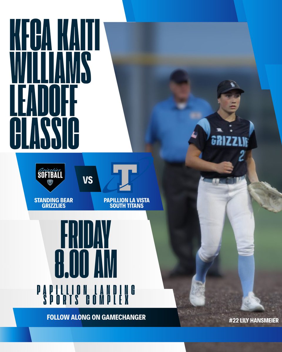 LSBsoftball's tweet photo. It's GAME DAY! The Grizzlies are on the road early this morning to the KFCA Kaiti Williams Leadoff Classic. We will play Papillion LaVista South at 8am! Follow along today on GameChanger! #OneTeamOneGoal https://t.co/h9csmsGrqK