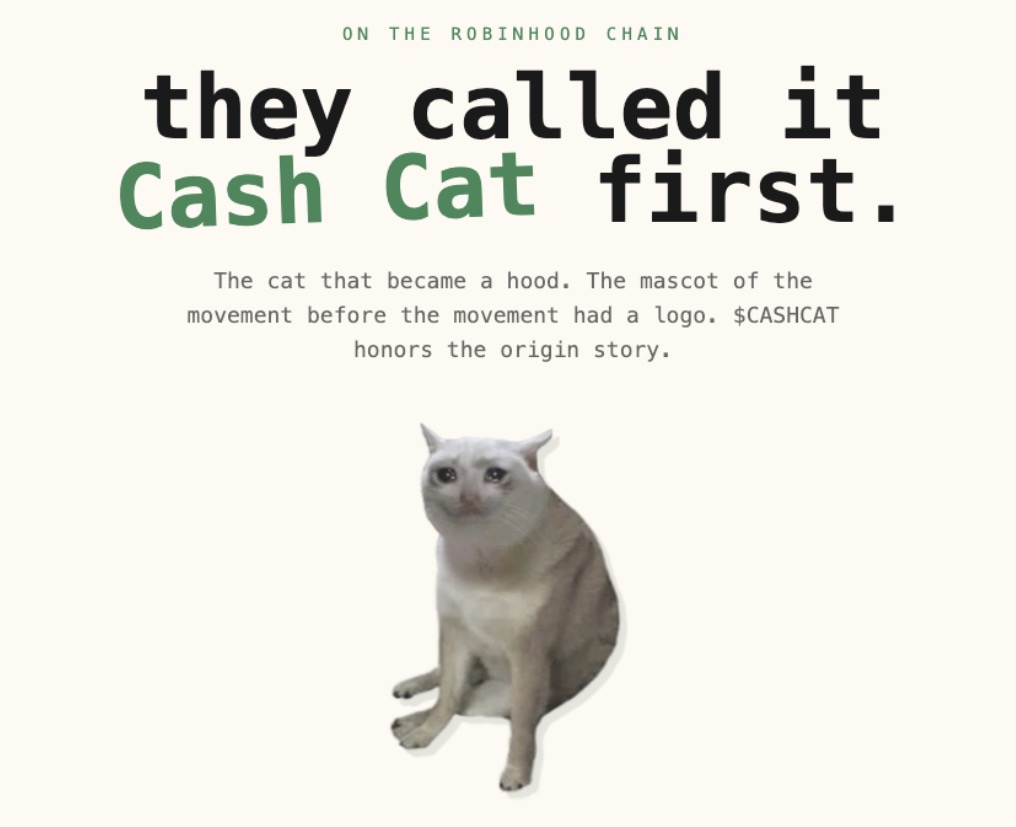 JamesWynnReal's tweet photo. $cashcat will highly likely be the first meme on RobinHood Chain to blast through a billion mc.
 
The exchange itself will likely list it. Could do absurd numbers if they do. Great publicity for them too. https://t.co/D95F2K6RDI