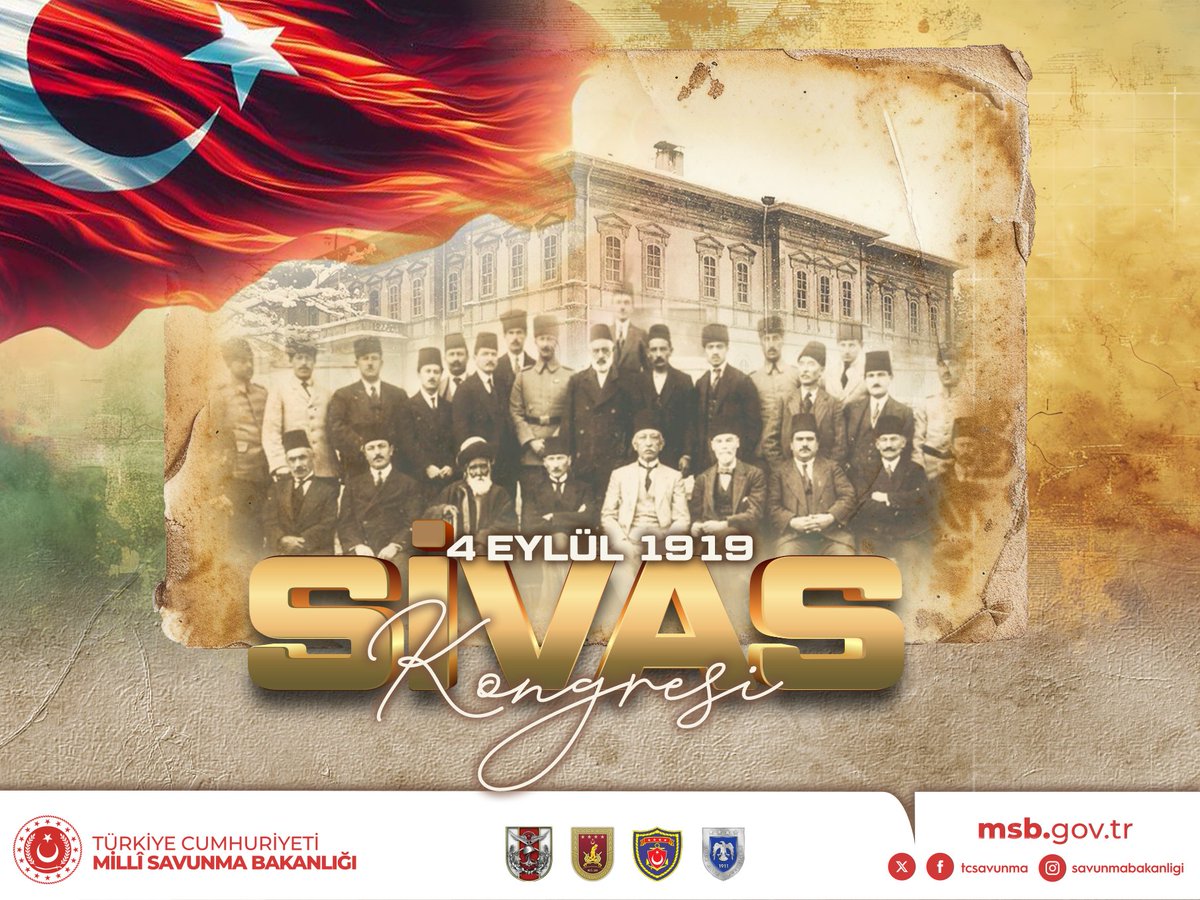 TSKGnkur's tweet photo. 🇹🇷“Ya İstiklal Ya Ölüm!”

🗓️ 4 Eylül 1919 
📍 Sivas Kongresi 

107 yıl önce Sivas’ta yalnızca bir kongre toplanmadı; bir millet, geleceğine kendi iradesiyle yön vereceğini dünyaya ilan etti.

Manda ve himayenin kesin bir dille reddedildiği Sivas Kongresi’nin 107’nci yıl dönümünde Başkomutanımız Gazi Mustafa Kemal Atatürk’ü ve Millî Mücadele’nin tüm kahramanlarını rahmet, minnet ve saygıyla anıyoruz. 

Bu milletin karakterinde teslimiyet değil, istiklal vardır!🇹🇷

#TürkSilahlıKuvvetleri 
#MillîSavunmaBakanlığı