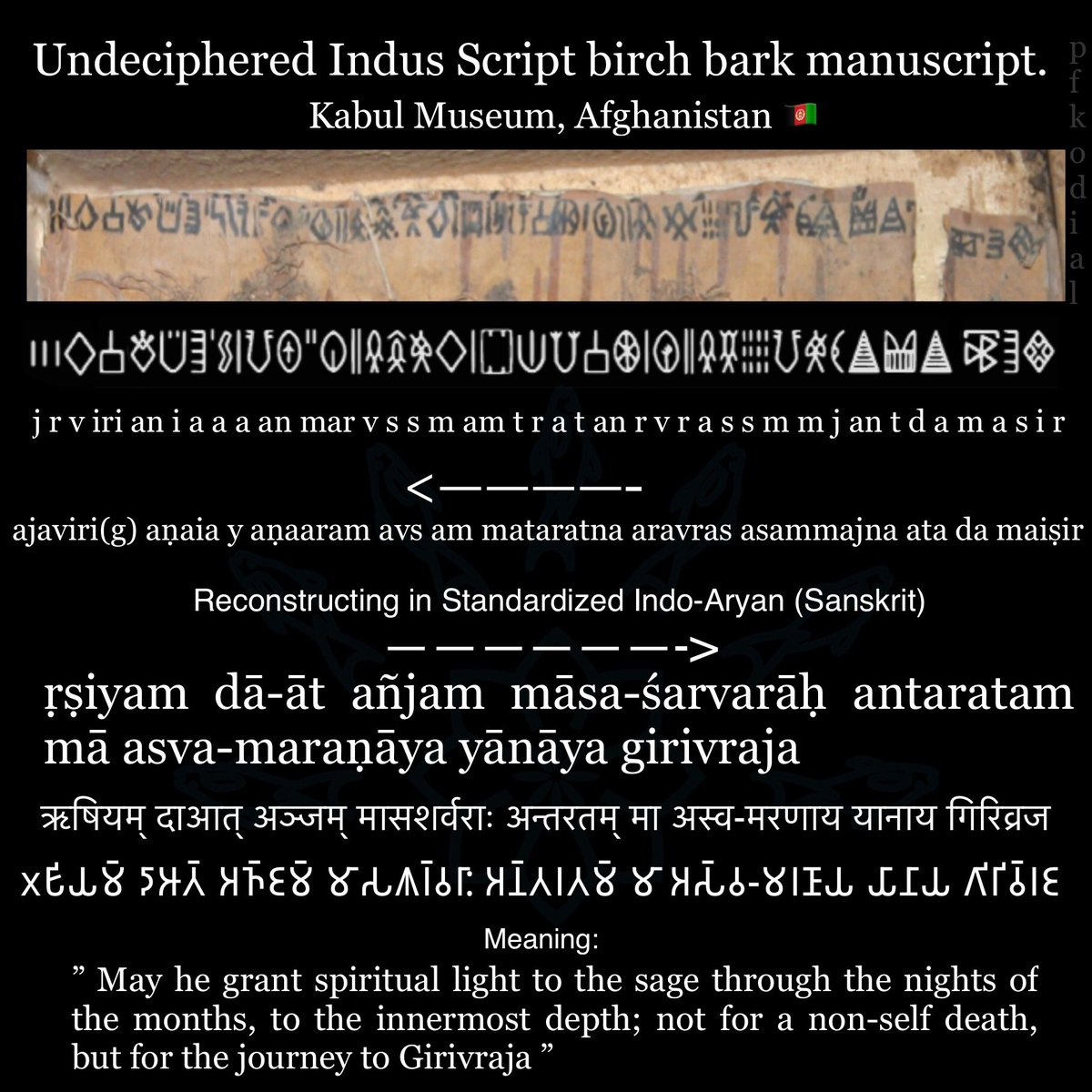 PFKodial's tweet photo. This manuscript was found in Kabul 🇦🇫. Scholars have mixed views on its authenticity, I tried reading the 1st line using the values assigned by Yajnadevam. Every word lined up perfectly with Indo-Aryan, so I reconstructed it in #Sanskrit &amp; the reading made perfect sense.

1/2 https://t.co/iH620Y7VM2